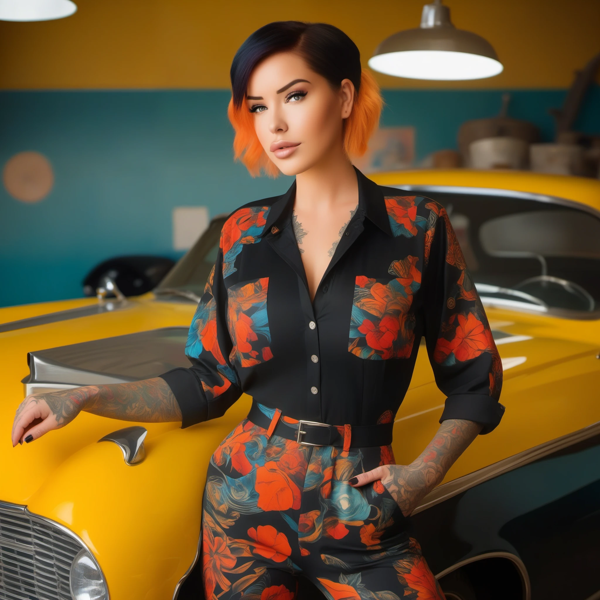 (masterpiece, best quality:1.2), 1girl, Act as a creative director and propose diverse photoshoot scenarios featuring Laurence Bedard in various settings, ensuring her full-body tattoo is prominently displayed in each shot.