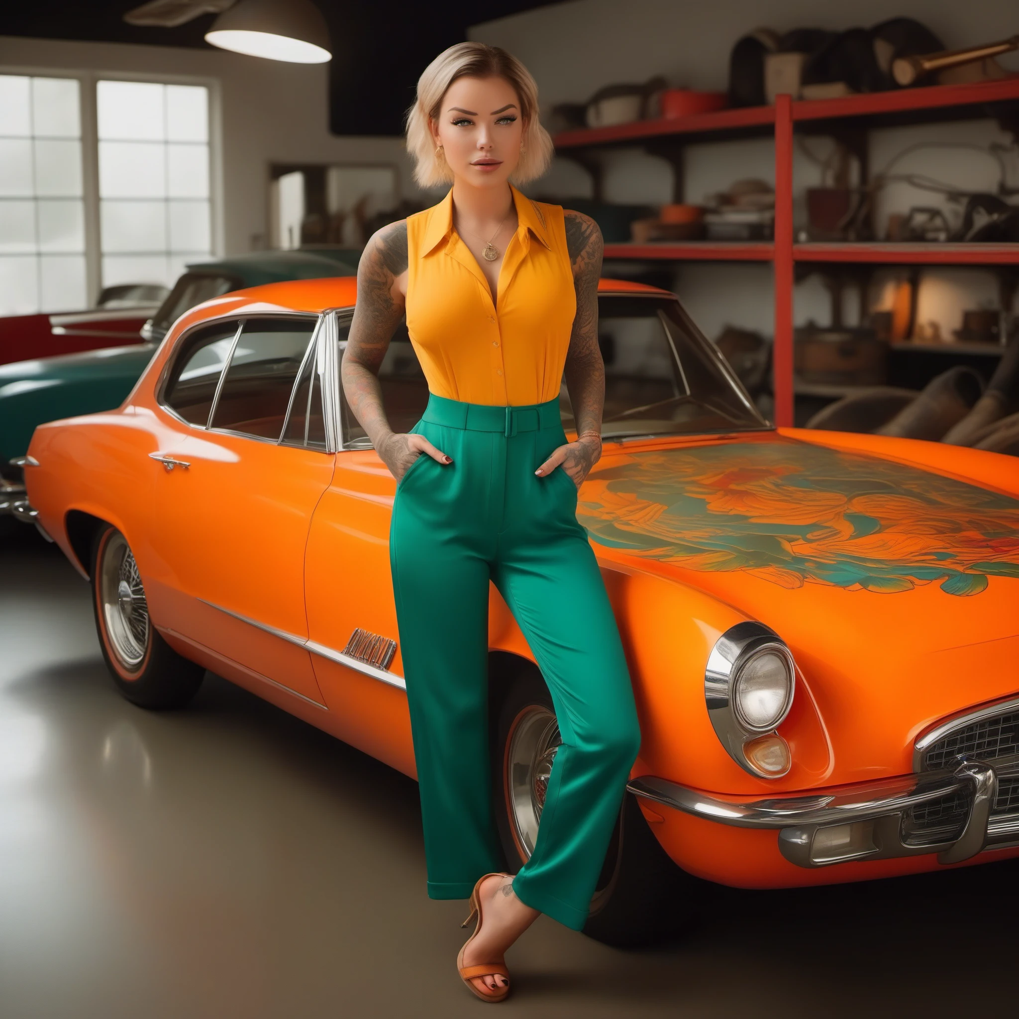 (masterpiece, best quality:1.2), 1girl, Act as a creative director and propose diverse photoshoot scenarios featuring Laurence Bedard in various settings, ensuring her full-body tattoo is prominently displayed in each shot.