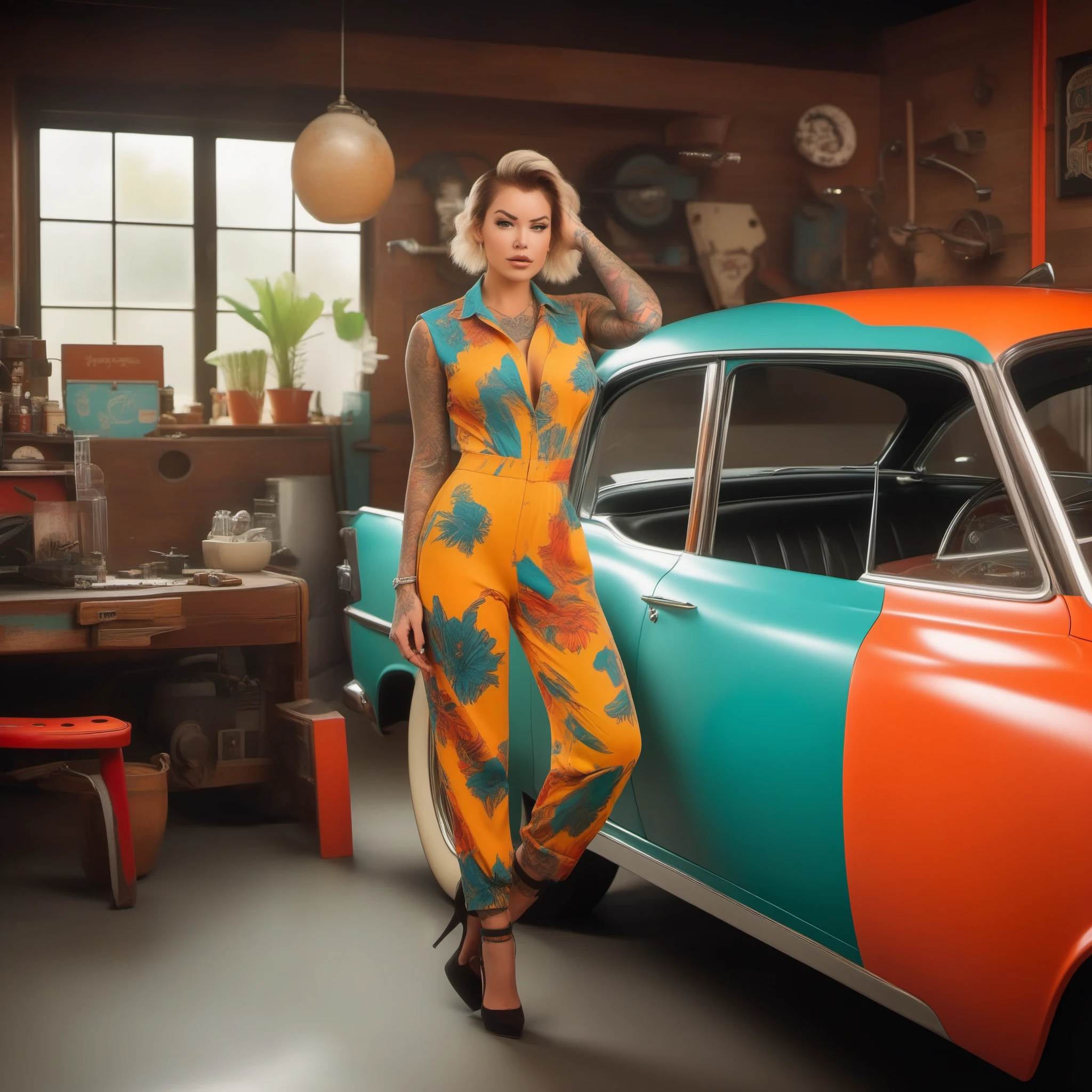 (masterpiece, best quality:1.2), 1girl, Act as a creative director and propose diverse photoshoot scenarios featuring Laurence Bedard in various settings, ensuring her full-body tattoo is prominently displayed in each shot.