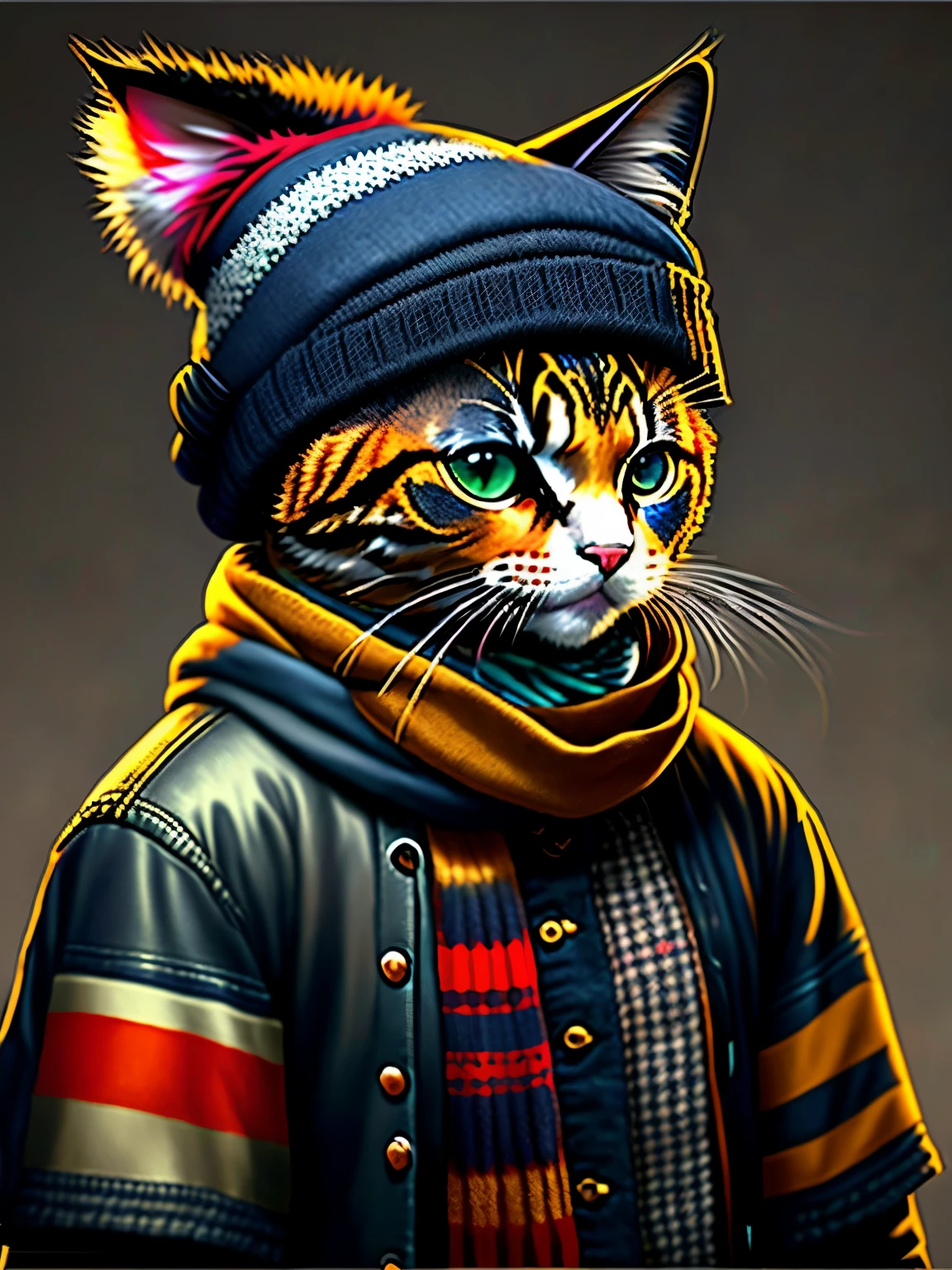 picture of a cat in a hat and scarf, art station trend, dressed in punk clothes, hyper realistic detailed rendering, british gang member, urban style, intimidating pose, planet of cats, fashion clothes, urban samurai, meow, west slavic traits, 8 1 5