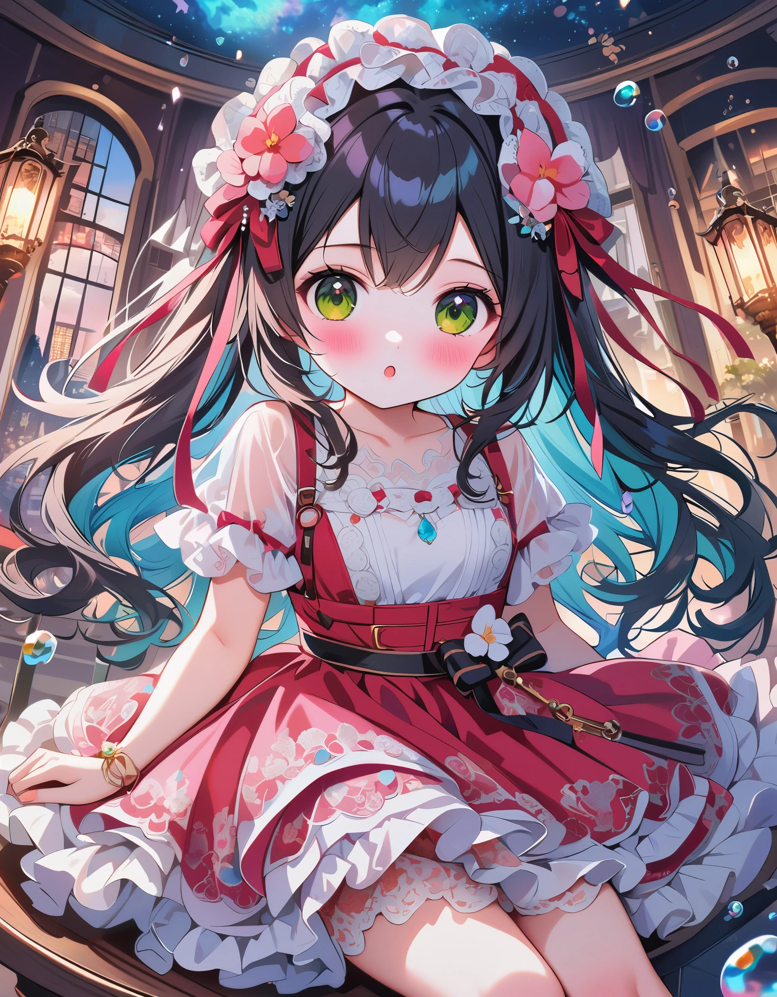 tinkle, (****), 1girl, solo, very long hair, light color, green eyes, blush, layered dress, see-through, frilled dress, lace printed , red dress, black hair, hair flower, sitting, small breasts, sash, detailed clothing, flowing hair, :o, translucent dress, bubble, looking at viewer, torino_aqua, shamed, blush, hair ribbon,, night, key, crystal, pink theme, fingernails, text, best quality, masterpiece, star, omochi_newest