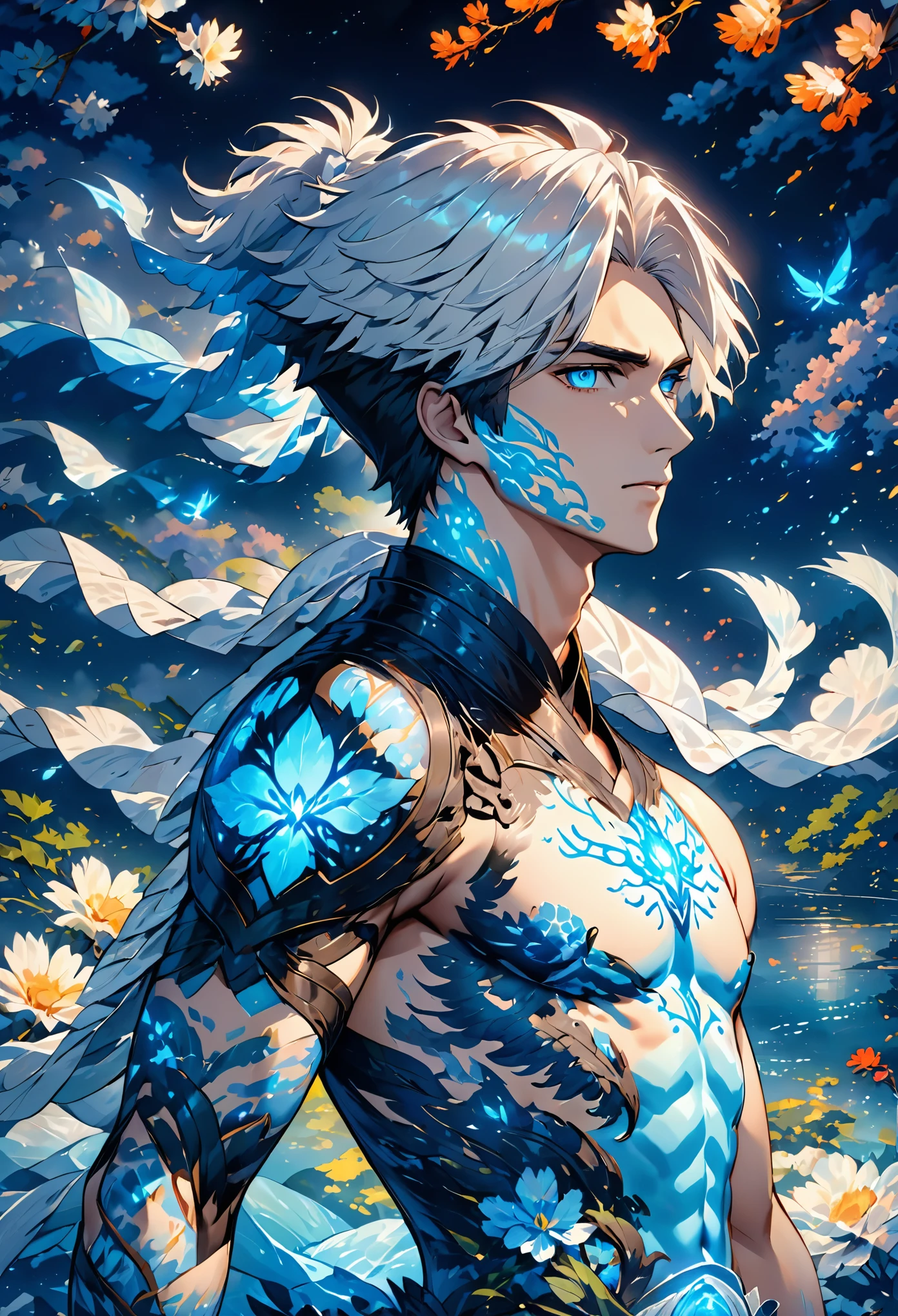  (extreamly delicate and beautiful:1.2), 8K, (tmasterpiece, best:1.2), (MALE:1.5) masterpiece, best quality, (detailed:1.3) halfnaked body with pale skin and (long_white_hair:1.4). All of his pale skin there are (blue_glowing_tattoes:1.5), on face, on body. (MAGICAL_BIOLUMINESCENT_TATTOOES:1.5) Naked upper body, paleblue colour dominating, cloudy night, sharp focus, highly detailed, Magical Fantasy style,GlowingRunesAI_blue,,bioluminescent fbpz body paint,Eren_jaeger_face,4rmorbre4k,GlowingRunesAI_blue