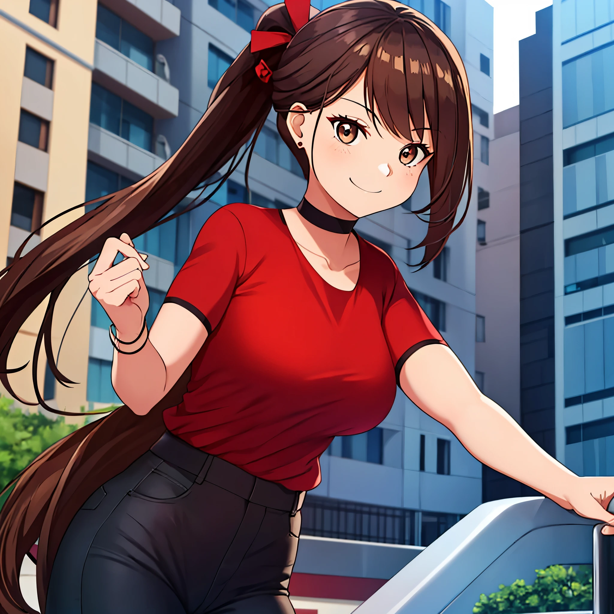 A woman wearing a red shirt, tight black jeans, long brown hair, ponytail hair brown eyes big breasts, smiling in a city at day.