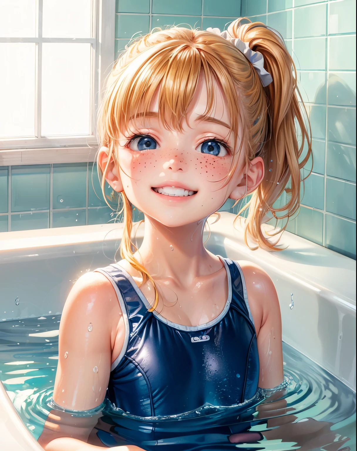 (best quality, highres:1.5), 1 , cute, long ponytail, bath environment, school swimsuit, kneeling position, background detail, vibrant colors, HDR lighting, realistic rendering, extreme detail description, childhood, adorable, smiling face, freckles, arms up, showing swimsuit straps, bathtub water reflection, toys nearby, bubbles, sunlit room, joyful expression, pigtails, school bag, clips, freckled cheeks, splashing water, joyful moment.