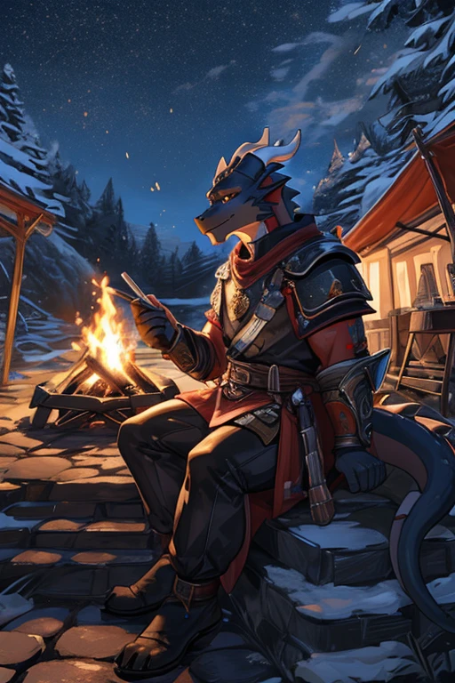 kemono, (dragon), anthro, male, ((black body)), Libra, tail, muscle, good looking, armor, Medieval, fantasy, 屋outside, outside, dark, night, forest, campfire, camp, performer, sitting, foot nail, amazing, Depth of the bounds written, perfect lighting, (particles of light),(highest quality),(masterpiece),(ultra detailed),sharp focus,particles of light,naked,elder,