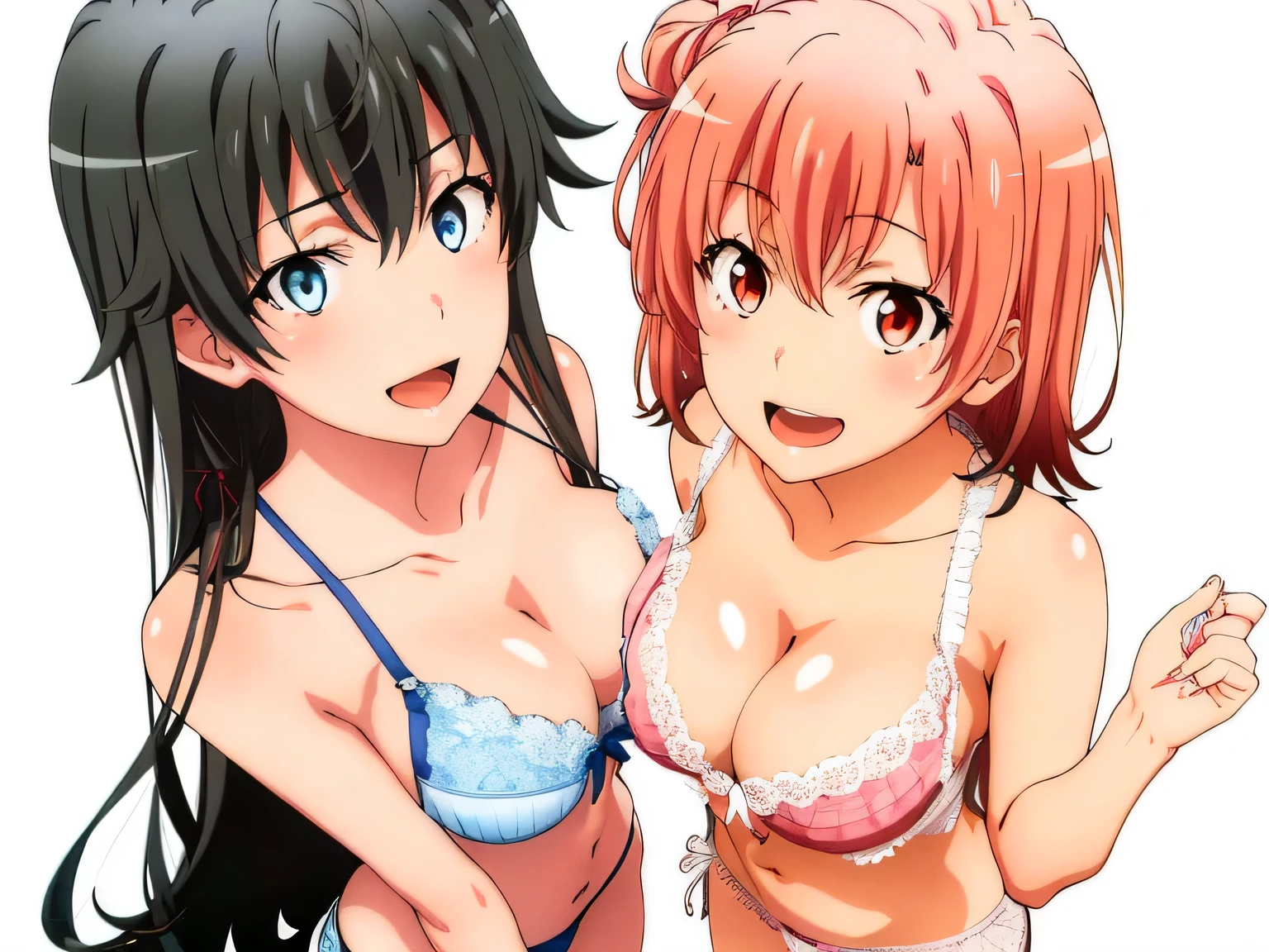 2 girls , (yuigahama yui is bust and ヒップライン are great),(Yukinoshita Yukino),In perverted underwear,they have their hands behind their backs,(Bra with nipple bulge line),(can&#39;I can&#39;t see your beautiful nipples),belly button,,(white lace panties:1.0),(light pink panties:1.0),Ribbon on panties,(thighs),knees,((high angle)),(beautiful eyes),look at the camera,open your mouth,smile,Insert your head