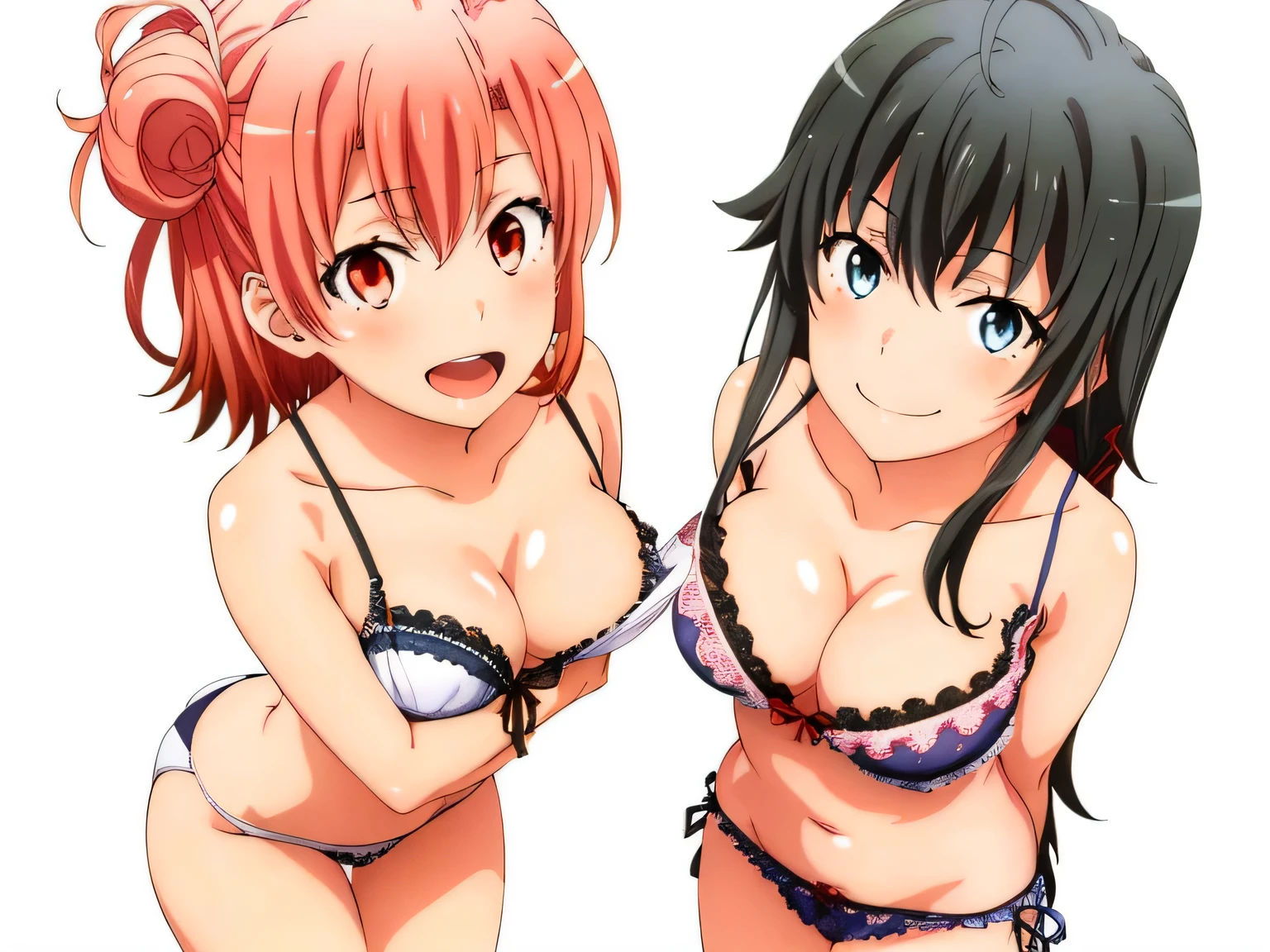 2 girls , (yuigahama yui is bust and ヒップライン are great),(Yukinoshita Yukino),In perverted underwear,they have their hands behind their backs,(Bra with nipple bulge line),(can&#39;I can&#39;t see your beautiful nipples),belly button,,(white lace panties:1.0),(light pink panties:1.0),Ribbon on panties,(thighs),knees,((high angle)),(beautiful eyes),look at the camera,open your mouth,smile,Insert your head