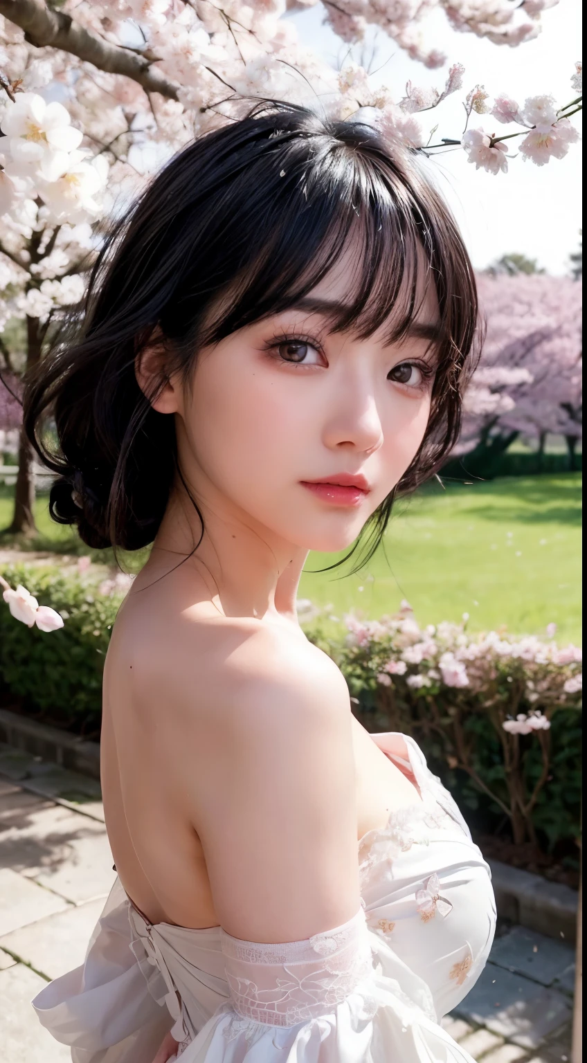 (logo、masterpiece、8K、table top、RAW photo、wonderful、最high quality、Photorealistic and very detailed CG integrated 8k wallpaper、high quality、very detailed、narrative poem、particle effects、dynamic effects、Depth of the bounds written、cinematic light、Lens flare、ray tracing)、fantasy、 (1 beautiful woman、dress、dress、cherry blossom pattern、black haired、beautiful face、real face、beautiful details eyes beautiful skin)、My hair dances in the wind、Hair flutters in Wind、hair jump、pink cherry tree、petals dance、SakuraFubuki、wonderful scenery、sunrise、sun on background、Wind、