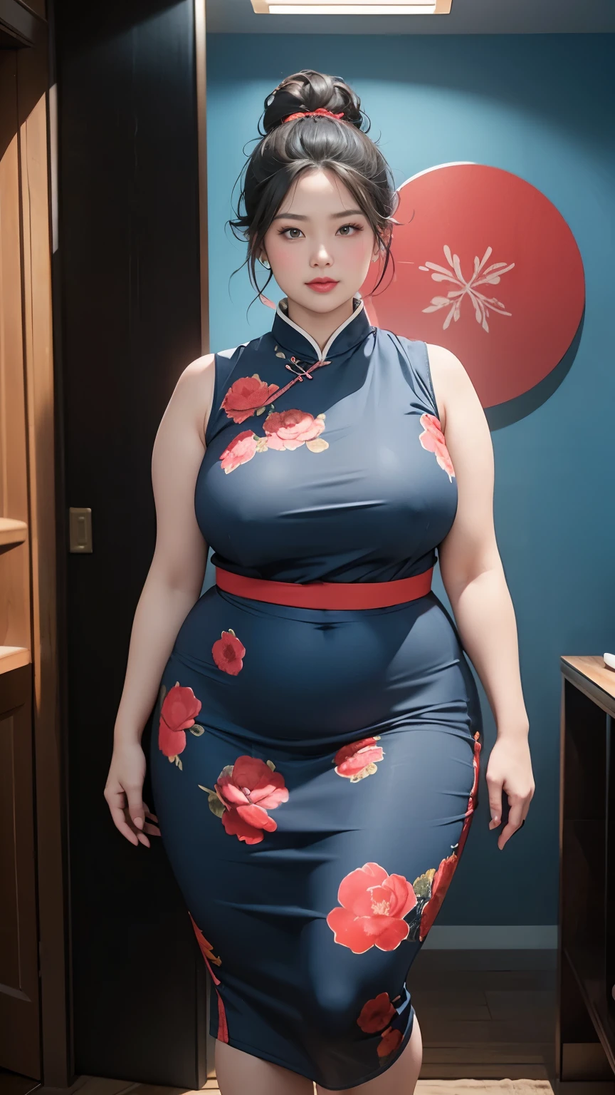 ((中景 the scene is,A full body))1 girl, Obese body, generous dimensions, face round, double chin, Overweight,Short hair tied up ,Sleeveless blue and red floral shirt,Highlight the breasts,Put her weight on her stomach,looks into camera,black room background,ssmile,