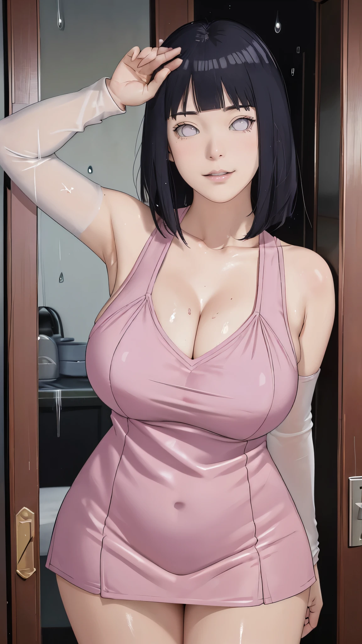 Chubby, Curve, thick, Made, absurderes, Hinata\(Boruto\), 1girll, Solo,Mature female, view the viewer,Perfectcomposition, Detailed lips, big breast, Beautiful face, body chubby, Blush, (Pink lips), Long hair, Purple eyes, Soft gaze, Sad smile, Super realistic, Detailed, photoshoot, Realistick faces and bodies，（perspire，Sweat a lot，Blushlush，Be red in the face，Blushlush），（Bigboobs），japanese house，Stand at the door，natta，raining day, ((mini dress)), ((cleavage)), sideboob, dark hair, sleeveless, thighs, full body