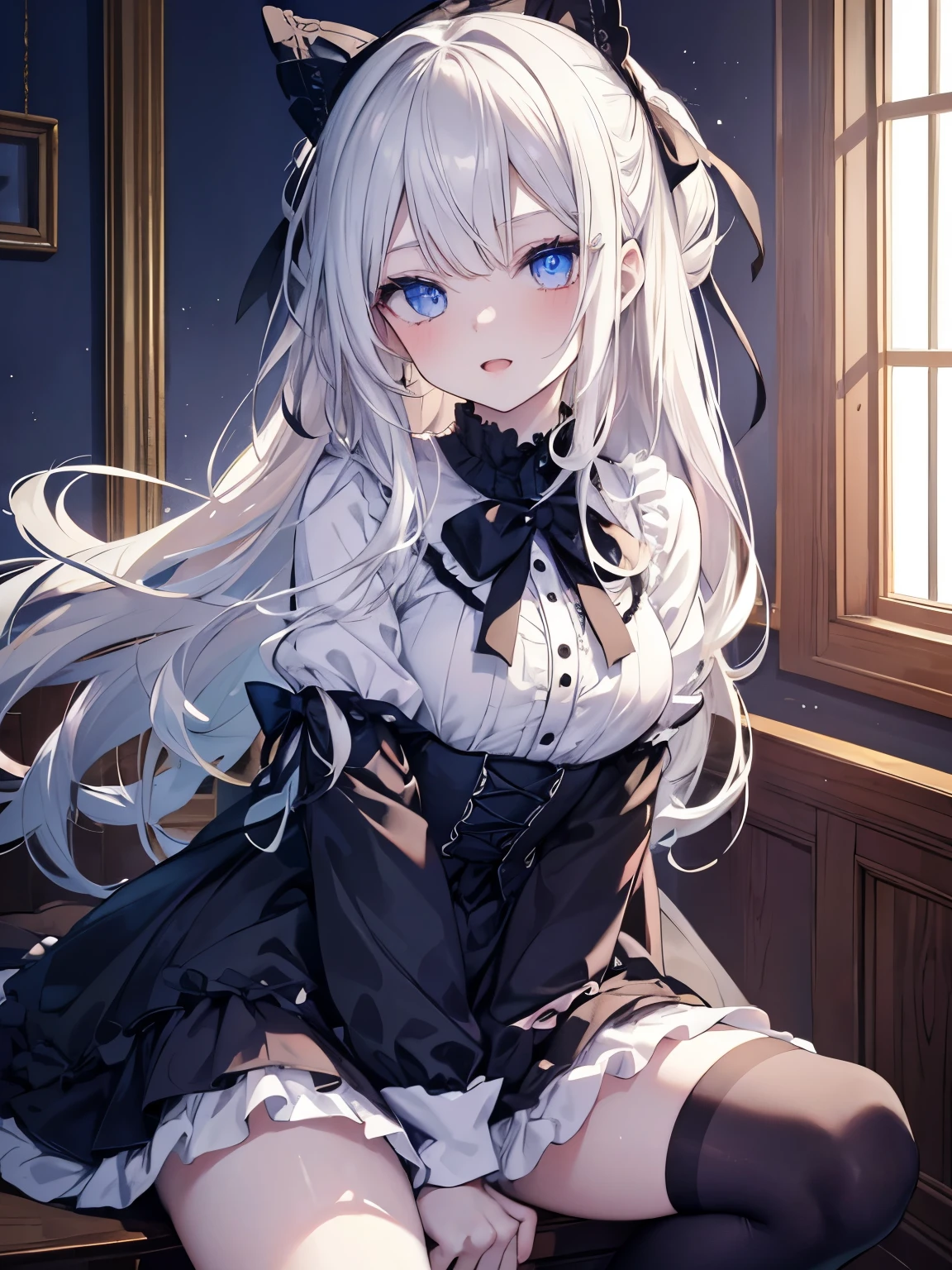 Masutepiece, Highest Quality, (Perfect face:1.1), (high detailing:1.1), (ultradetailed eyes),Dramatic,superfine illustration,Extremely detailed,1girl in,teenager,(pale skin),long white hair,Ethereal eyes,Simple eyes,empty eyes,Blue eyes,blush,Solo,Smile,Happy,Laugh,Enjoy, Open mouth,Pouty lips,Cinematic lighting,upper body,looking up,leaning forward,Long sleeve,Gothic lolita, frilld,bow ribbon,knee high socks,indoor,night