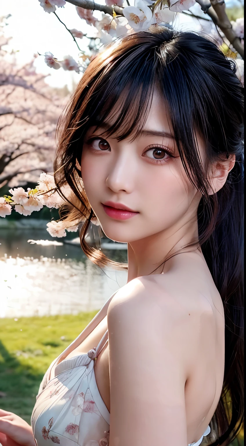 (logo、masterpiece、8K、table top、RAW photo、wonderful、最high quality、Photorealistic and very detailed CG integrated 8k wallpaper、high quality、very detailed、narrative poem、particle effects、dynamic effects、Depth of the bounds written、cinematic light、Lens flare、ray tracing)、fantasy、 (1 beautiful woman、dress、dress、cherry blossom pattern、black haired、beautiful face、real face、beautiful details eyes beautiful skin)、My hair dances in the wind、Hair flutters in Wind、hair jump、pink cherry tree、petals dance、SakuraFubuki、wonderful scenery、sunrise、sun on background、Wind、