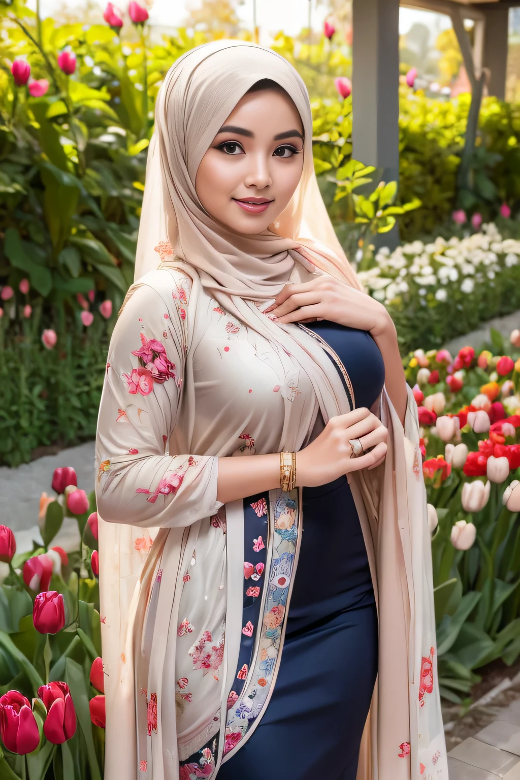 (best quality,4k,highres,masterpiece:1.2),ultra-detailed,(realistic:1.37),a hot busty Indonesian woman with hijab,long luscious hair flowing beneath hijab,dark brown eyes,beautiful detailed lips,wearing a vibrant colored hijab,standing in a flower park surrounded by colorful tulips and roses,the sunlight filtering through the leaves and casting a warm glow,a gentle breeze rustling the flowers,creating a serene atmosphere,with birds chirping in the background,portraits,colorful,photo-realistic,with a warm color tone.