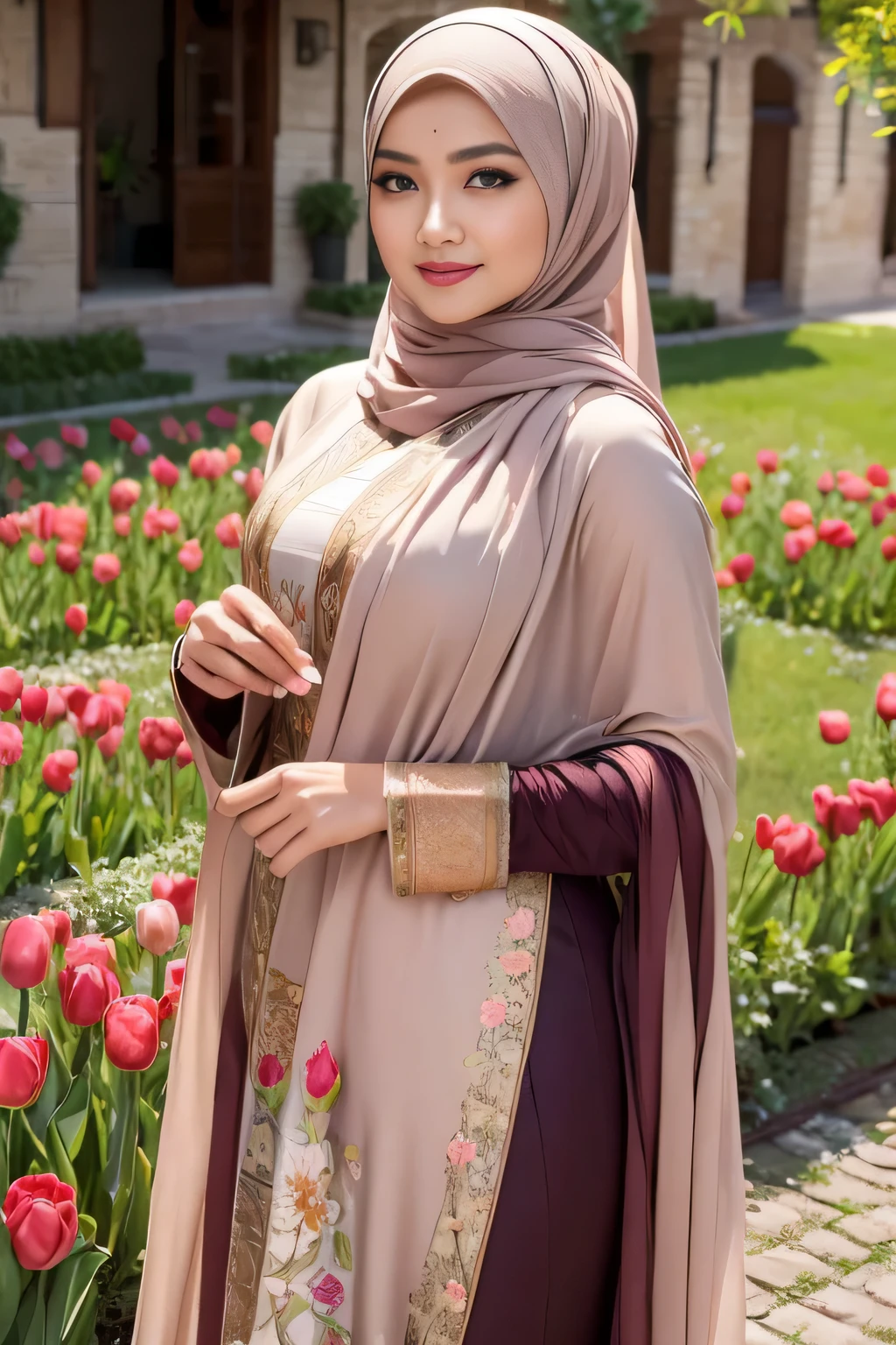 (best quality,4k,highres,masterpiece:1.2),ultra-detailed,(realistic:1.37),a hot busty Indonesian woman with hijab,long luscious hair flowing beneath hijab,dark brown eyes,beautiful detailed lips,wearing a vibrant colored hijab,standing in a flower park surrounded by colorful tulips and roses,the sunlight filtering through the leaves and casting a warm glow,a gentle breeze rustling the flowers,creating a serene atmosphere,with birds chirping in the background,portraits,colorful,photo-realistic,with a warm color tone.