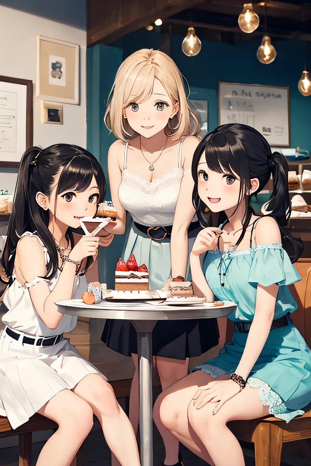 highest quality、High resolution、detailed background、Beautiful and dense face、beautiful and smooth skin、skin texture、cute10代の美少女、(three women)、realistic:1.2、perfect body line、black hair braided ponytail、Calm atmosphere、
happy look、smile、laughter、sexual expression、Upper body、Tea time at the cafe、(Three beautiful girls enjoy cakes and sweets while chatting in a cute cafe.:1.5)、
Choose white or pastel colors for lace tops and flared skirts..、sandals or heels、
If the lace top is transparent, You can wear it elegantly even when layered with an inner camisole..、
Choose a lace blouse in a soft color and add feminine movement with a pleated skirt.、
Adding lace to the sleeves and collar of the blouse makes it even more cute.、
Choose a colorful lace camisole、Add elegance with a midi skirt、cute、Simple and elegant pearl earrings、delicate chain necklace、
A watch that gives an elegant and sophisticated impression、It is a good idea to choose a design that matches your taste and clothing..、leather belt, metal belt、
A simple bracelet that looks great on your wrist、Thin chain and simple design、thin ring on fingertip、Pay attention to proper balance and layering、cute