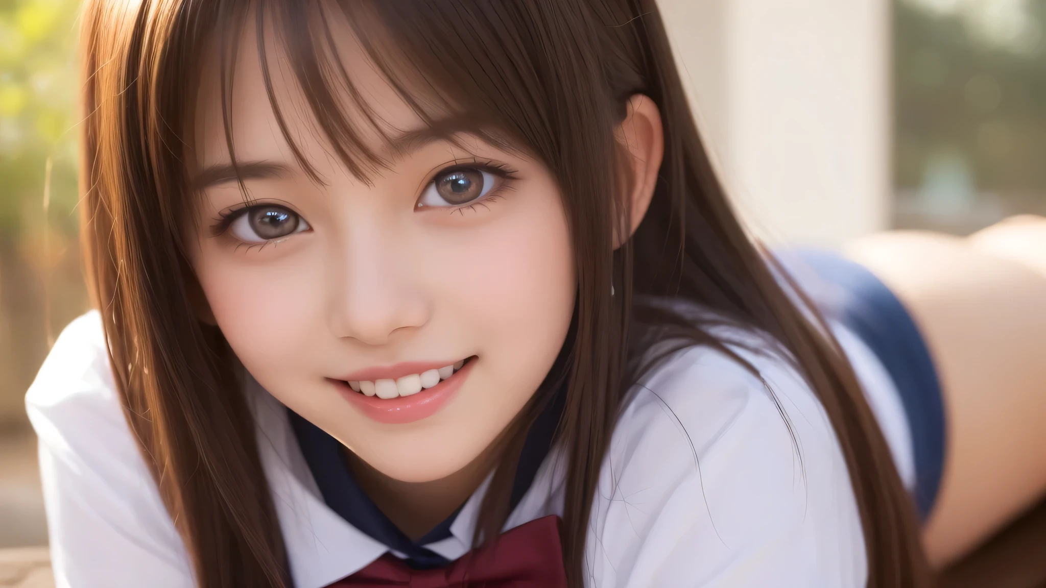 (1 girl), (big round eyes), brown eyes, laugh shyly, (high school uniform:1.2), (highest quality: 1.4), (Super detailed), (highest quality:1.4), (Super detailed), evening, very high resolution, (Upper body), close up face, school anime, anime illustration, wonderful, bright light, neat, fascinating, transcendental charm