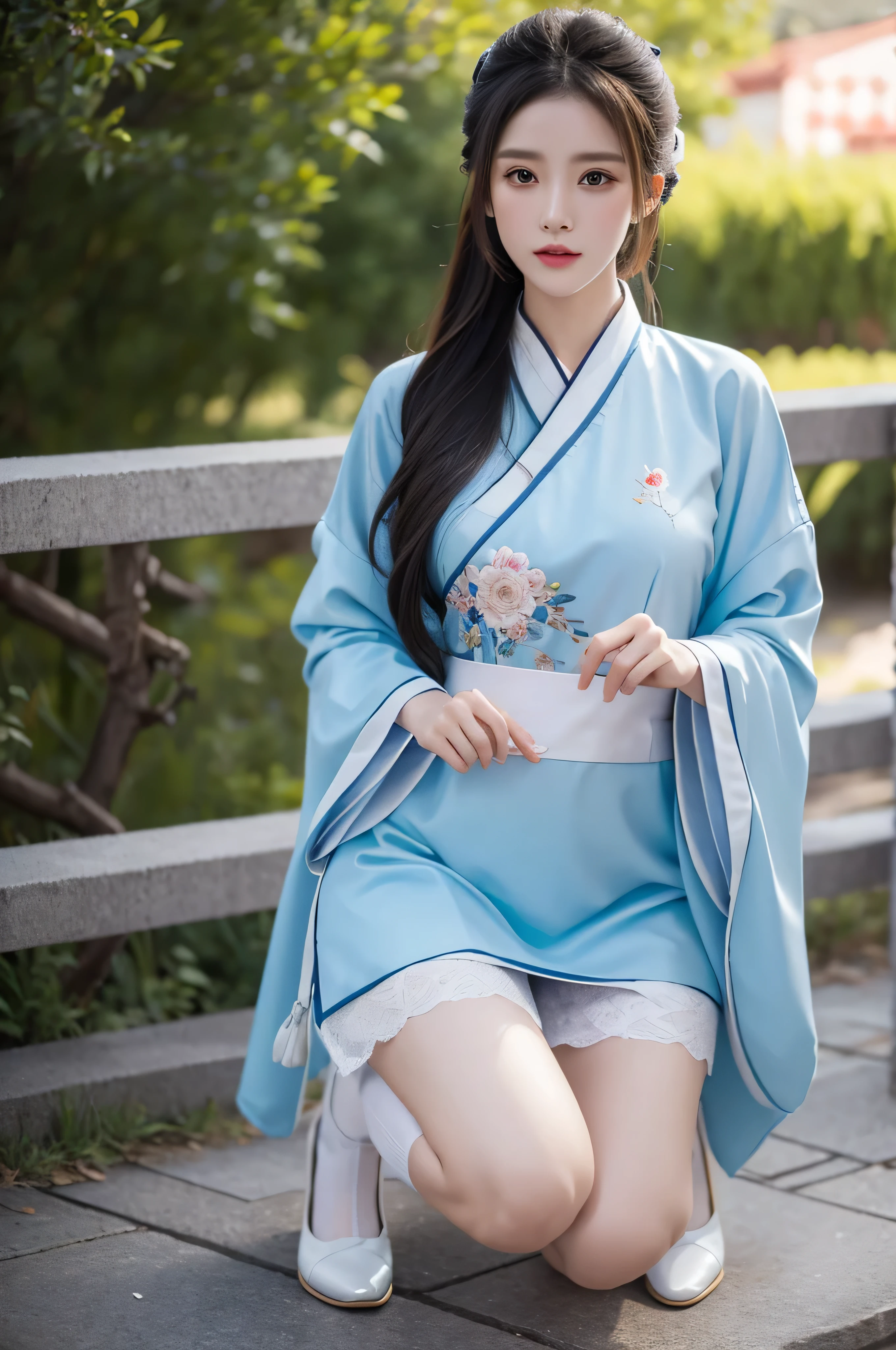 Master quality, highest quality, best picture quality, exaggerated details, a cute 8 year old asian  with a shy expression, slightly squinted eyes, adjusting her hair, long eyelashes (long hair / very, very exaggerated big breasts _  / in hanfu chinese very wet  body,  thin cloth embossed pattern, short skirt), posing sit in front of the camera, wet throught rain, very wet  body,  thin cloth embossed pattern, purple and blue white cloth