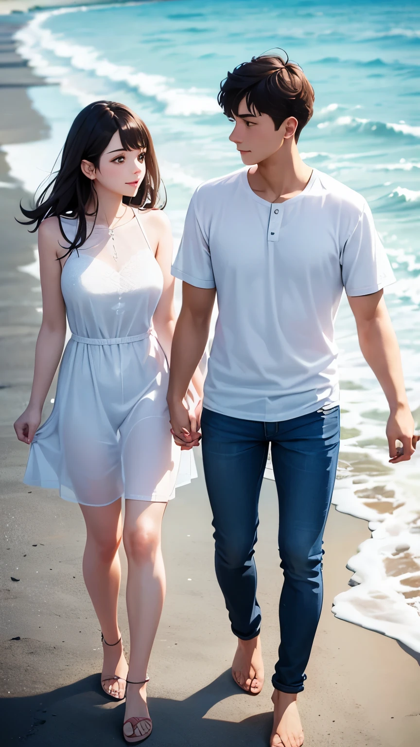 A refreshing young man and woman couple are standing holding hands, looking sideways at each other, clean clothes, men wear shirts and jeans、Women wear neat and casual dresses, beautiful beach background