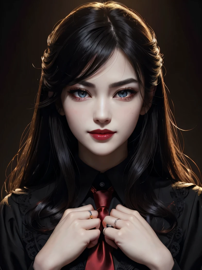 ((masterpiece、highest quality、Super detailed、High resolution、realistic、sharp focus))、bust shot、high contrast、high color saturation、 ((very delicate and beautiful))、crazy details、((beautiful woman portrait))、y vampire girl、alone、black collared shirt、red tie、pale skin、big lips、black lips、red eyes、Ring-shaped eyes、shining eyes、long black hair、evil smile、Scar face、view audience、put your hands down、Detailed depiction of hands