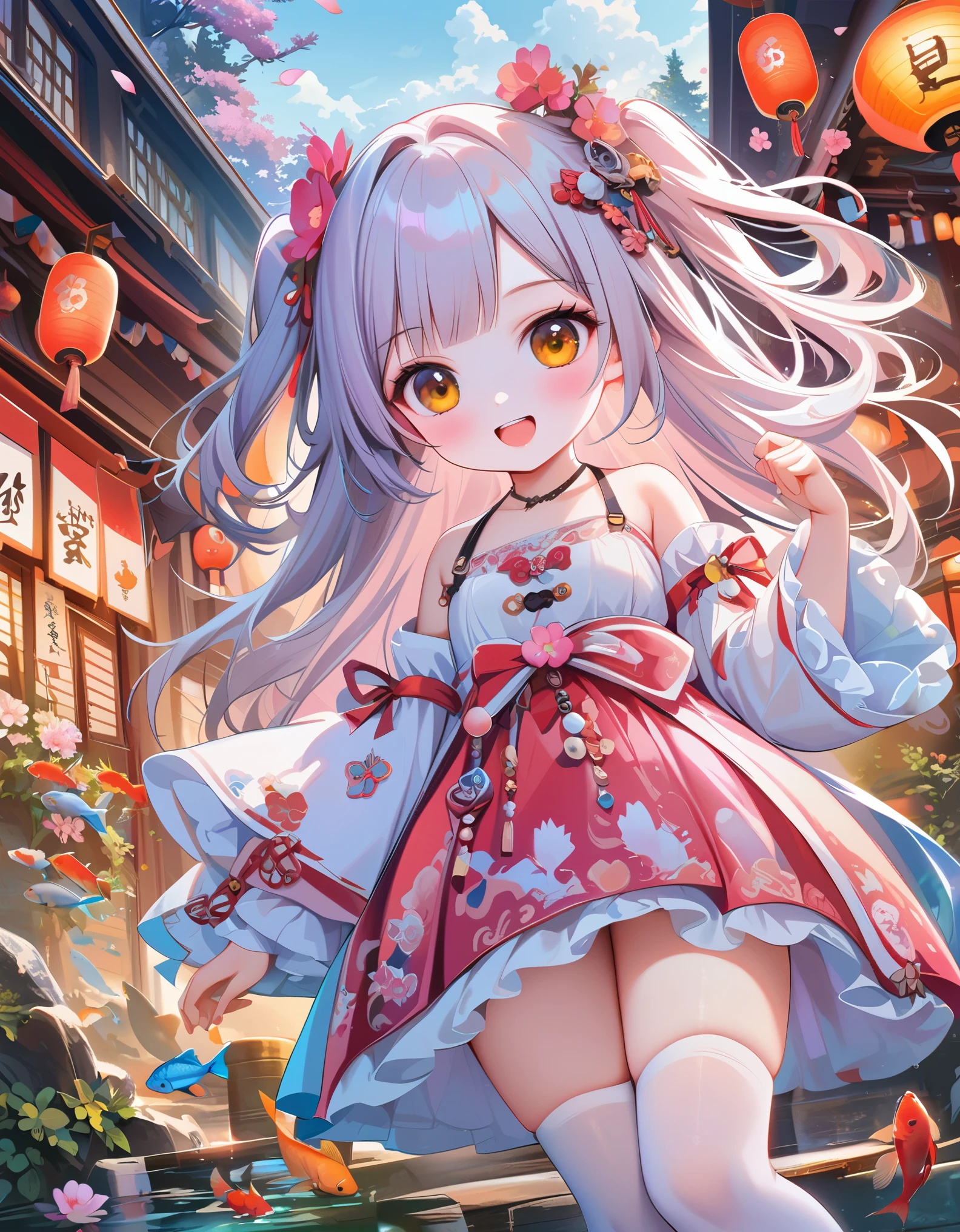 (masterpiece), (best quality),2023 Era,illustration, ultra detailed, hdr, Depth of field, (colorful), Yuzu-Soft Style,chen bin,omone hokoma agm,torino aqua,tianliang duohe fangdongye,game cg Style, 1girl, purple_hair, flower, long_hair, solo, thighhighs, smile, pink_flower, open_mouth, yellow_eyes, lantern, fish, detached_sleeves, dress, hair_ornament, koi, bare_shoulders, white_thighhighs, cherry_blossoms, looking_at_viewer, :d, bangs, paper_lantern, breasts, tree, two_side_up