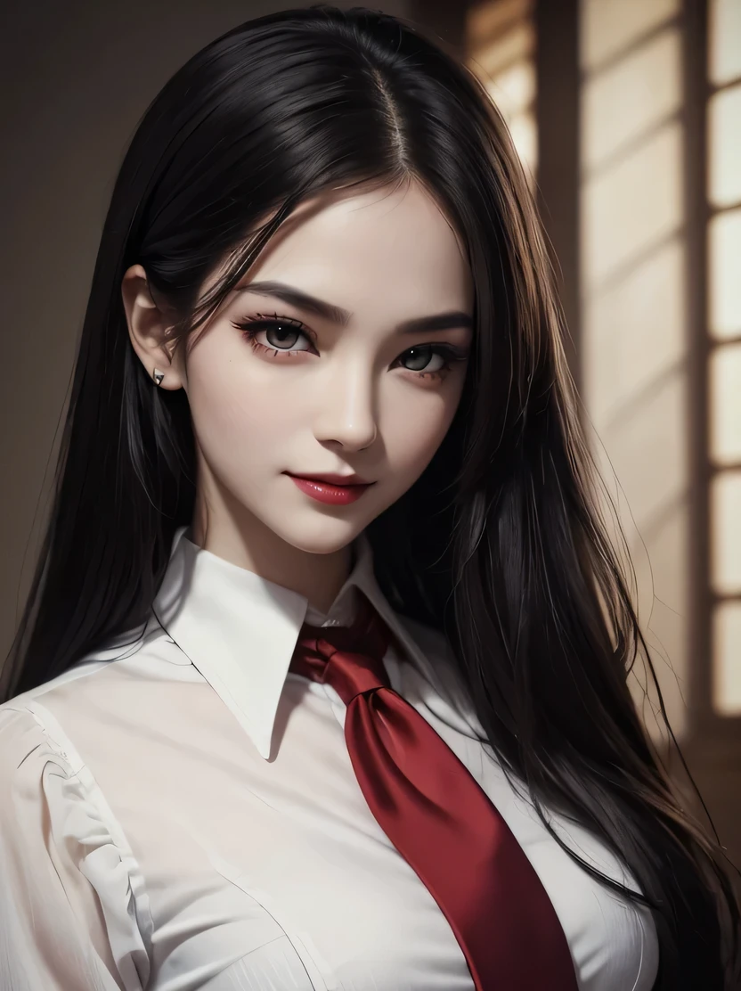 ((masterpiece、highest quality、Super detailed、High resolution、realistic、sharp focus))、bust shot、high contrast、high color saturation、 ((very delicate and beautiful))、crazy details、((beautiful woman portrait))、Sexy vampire girl、alone、black collared shirt、red tie、pale skin、big lips、black lips、red eyes、Ring-shaped eyes、shining eyes、long black hair、evil smile、Scar face、view audience、put your hands down、Detailed depiction of hands