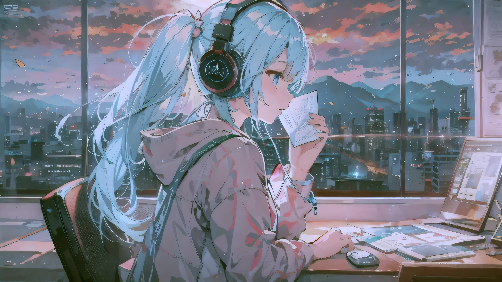 woman reading a letter、sit on a chair blue hair、blue eyed girl、The blue sky spreads out from the large windows、Profile of a woman looking out the window。woman is wearing headphones 4k, sad,、Bowater's art style、beautiful digital illustrations、beautiful character painting、Stunning Anime Face Portrait Mikudayo, official artwork, lofi girl, praise art style,, halfbeak, anime atmosphere, Anime style mixed with Fujifilm, digital anime illustration, anime wallpaper 4k Girl with headphones Blue haired woman put on headphones; At the desk look at computer girl's profile details high resolution high quality