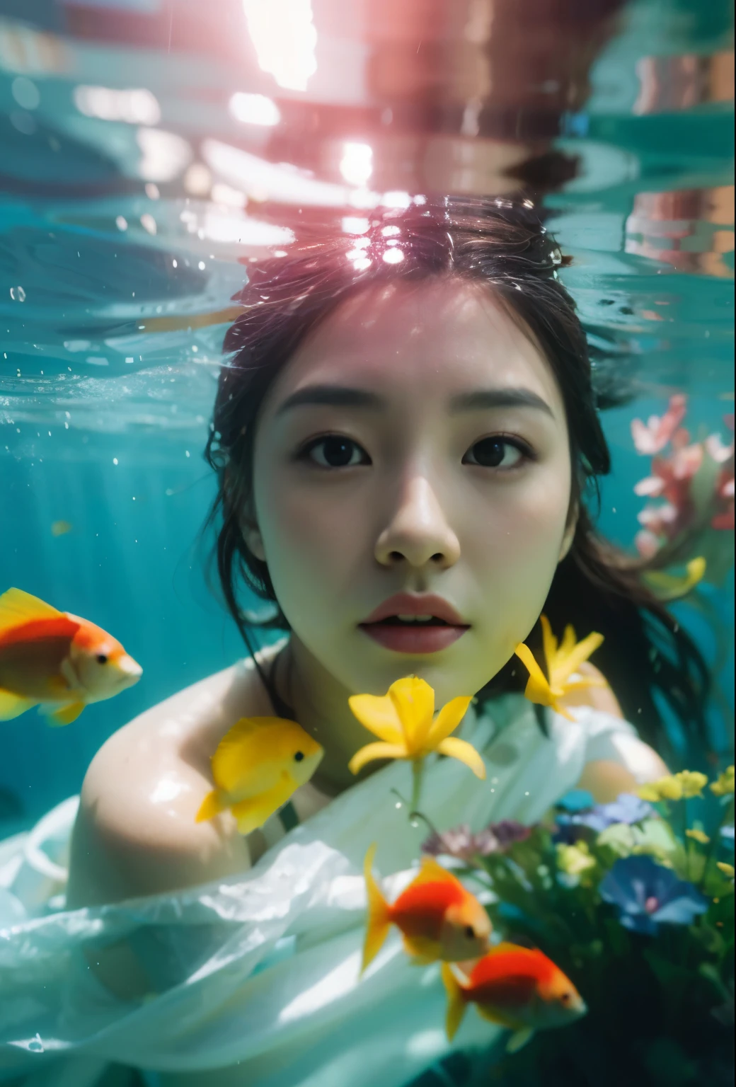 there is a woman in a white dress swimming in a pool with fish, underwater photography, portrait of a woman underwater, underwater photo, underwater photograph, underwater shot, under water, underwater, queen of the sea mu yanling, jingna zhang, asian female water elemental, underwater looking up, underwater face, underwater view, closeup fantasy with water magic, wenfei ye