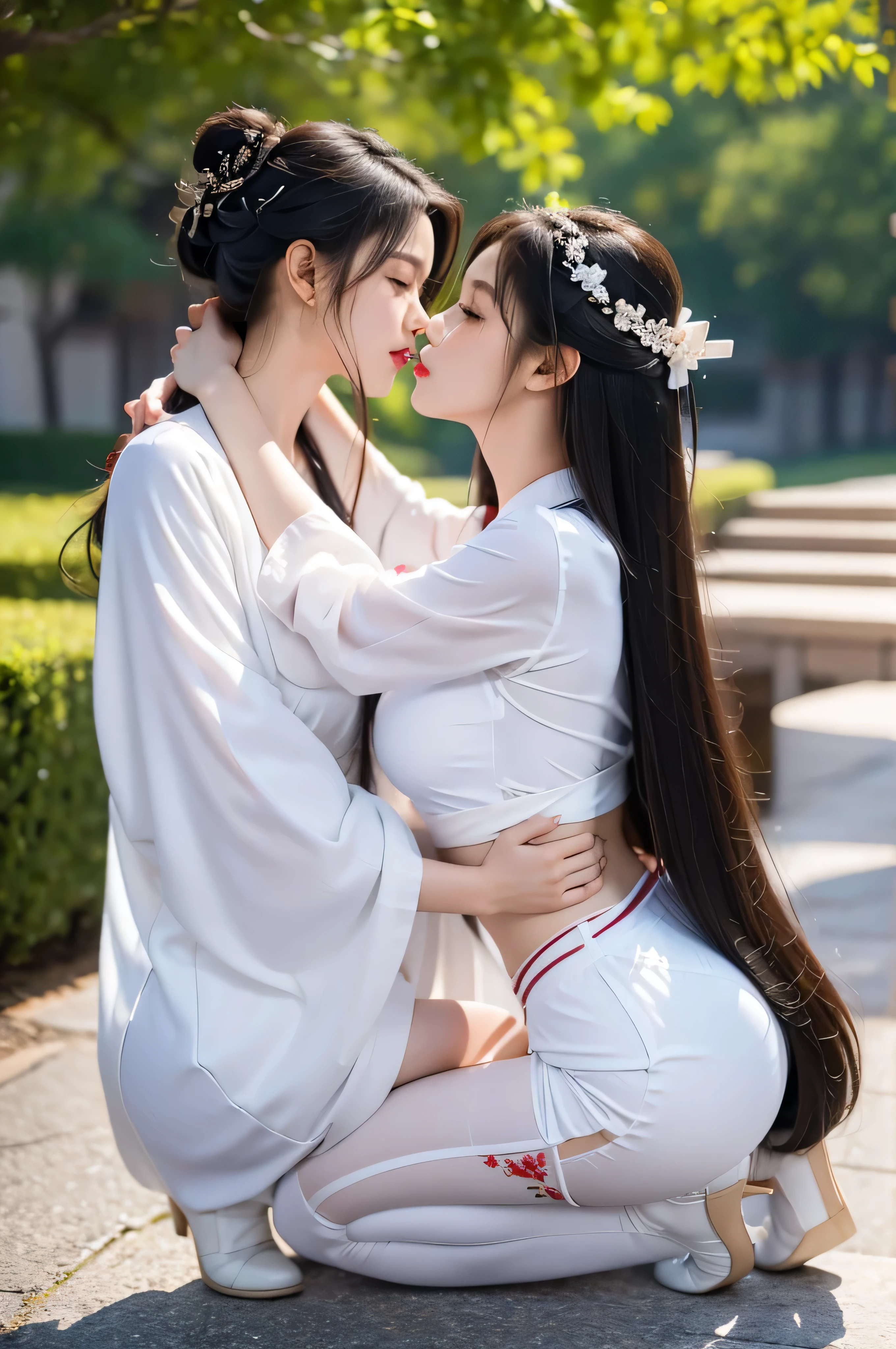 High resolution、２A beauty，Sexy、long hair，Clear hand details，plump breasts，fit，lover、Look at each other from the front、Sticking out tongue、((kiss))、(((法式热kiss)))、hug each other，It&#39;s like pressing each other&#39;Chest、stare at each other、Moist eyes、half-open lips、Fair、feature、Attractions、idle、instigate、beauty、White thick stockings、Shunguang、Shot diagonally from directly below、Accurate drawing、detailed picture、precise anatomy、Simple background，hanfu，kneeling position，Embroidered cloth shoes