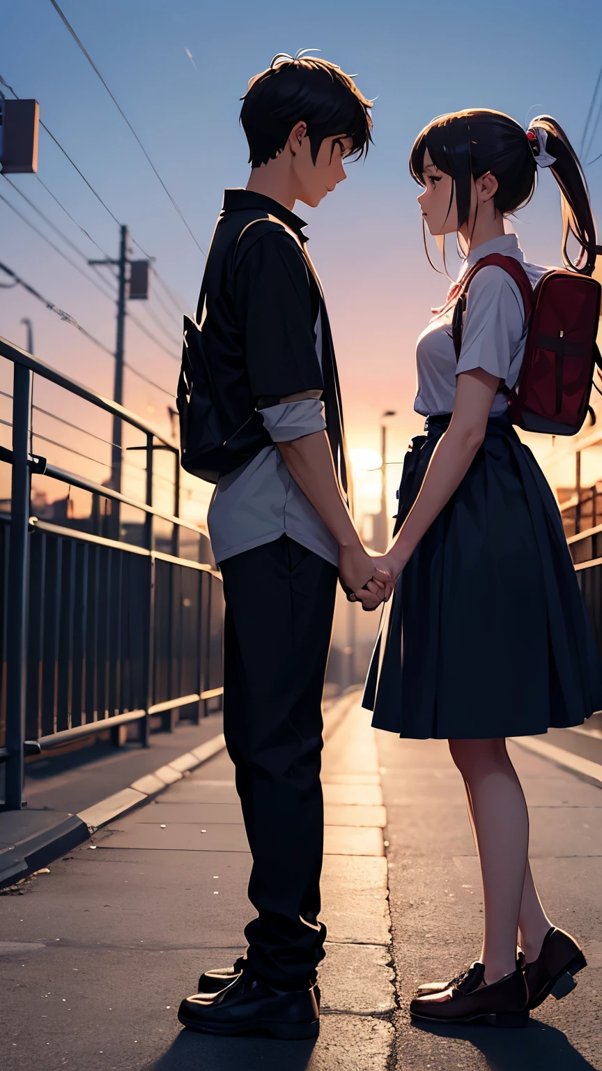 r male and female couple standing holding hands, looking sideways at each other, Beautiful Japanese cityscape background, Evening view