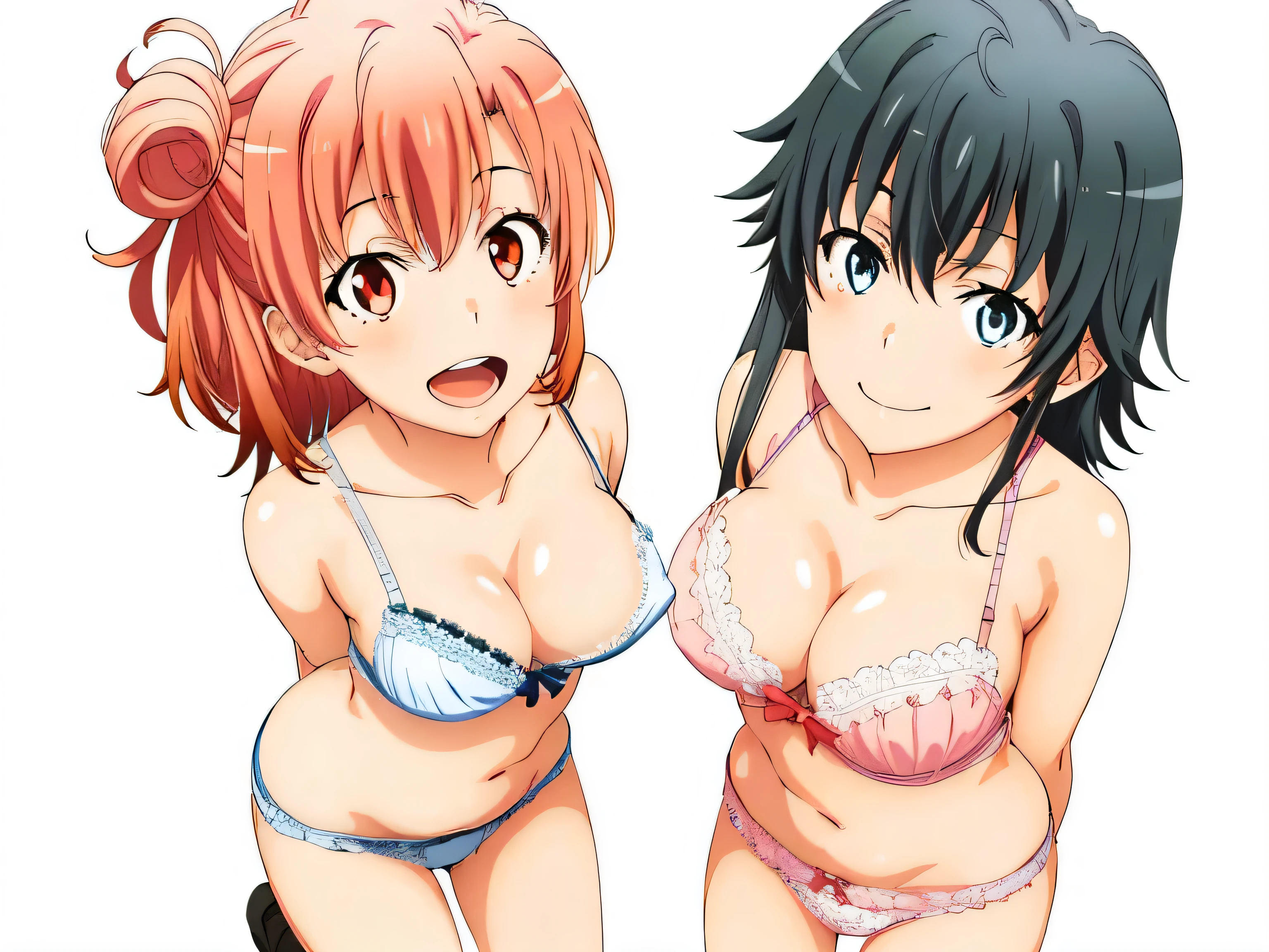 2 girls , (yuigahama yui is bust and ヒップライン are great),(Yukinoshita Yukino),In perverted underwear,they have their hands behind their backs,(Bra with nipple bulge line),(Your bra comes off and I can see your beautiful nipples.),belly button,,(white lace panties:1.0),(light pink panties:1.0),Ribbon on panties,(thighs),knees,((high angle)),(beautiful eyes),look at the camera,open your mouth,smile,Insert your head