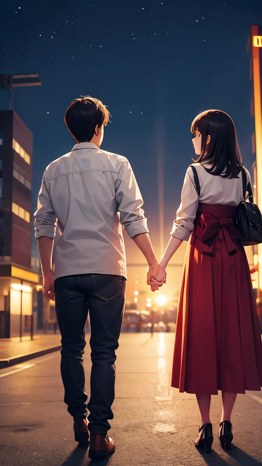 r male and female couple standing holding hands, looking sideways at each other, Beautiful Japanese cityscape background, Evening view