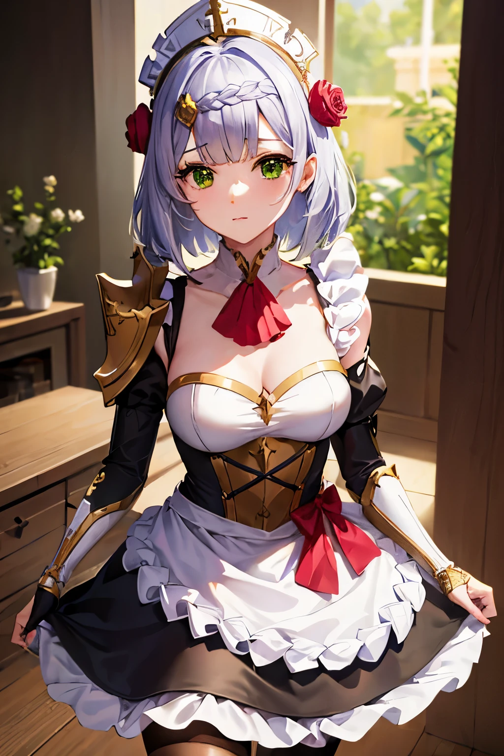 genshinnoelle, noelle, braid, flower, hair flower, hair ornament, short hair, silver hair, (green eyes:1.5), BREAK apron, armor, ascot, black pantyhose, black skirt, dress, gauntlets, gold trim, headdress, long sleeves, maid, maid apron, maid headdress, pantyhose, pauldrons, shoulder armor, skirt, strap, BREAK indoors, laboratory, BREAK looking at viewer, (cowboy shot:1.5), BREAK (masterpiece:1.2), best quality, high resolution, unity 8k wallpaper, (illustration:0.8), (beautiful detailed eyes:1.6), extremely detailed face, perfect lighting, extremely detailed CG, (perfect hands, perfect anatomy),