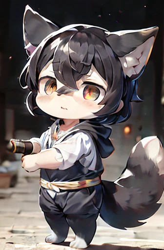 (((Animals, Apparition, Chibi))), Sad face, Animals, fox head, wolf carcass, owl back wing, tail snake, four legs
