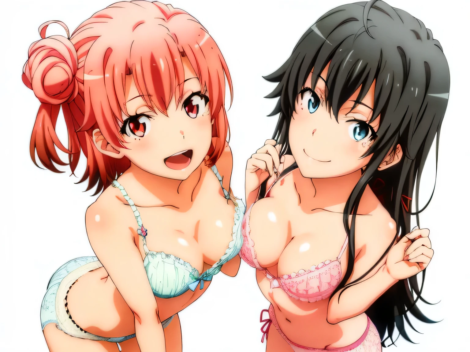 2 girls , (yuigahama yui is bust and ヒップライン are great),(Yukinoshita Yukino),In perverted underwear,they have their hands behind their backs,,(Their bras come off and you can see their beautiful nipples..),belly button,,(white lace panties:1.0),(light pink panties:1.0),Ribbon on panties,(thighs),knees,((high angle)),(beautiful eyes),look at the camera,open your mouth,smile,Insert your head