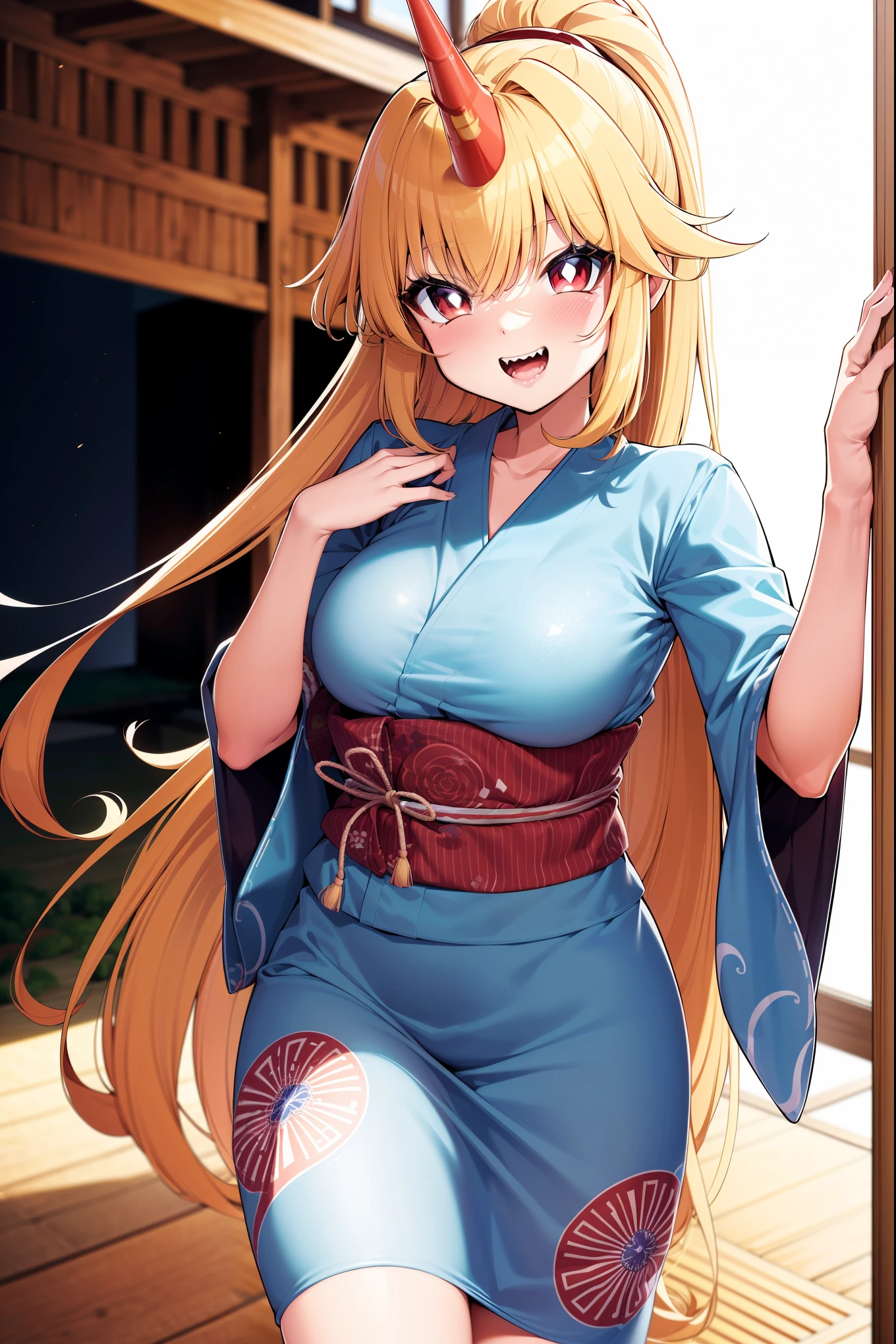 (Cowboy shot), (ultra-high resolution, depth of field:1.2), (Yuugi Hoshiguma:1.25), Touhou, single red horn coming from her forehead, long blonde hair, ponytail, (red eyes), bright pupils, medium breasts, (wearing a light blue yukata), long yukata, flipflops, (Japanese mansion scenery), smiling, sharp teeth, sake