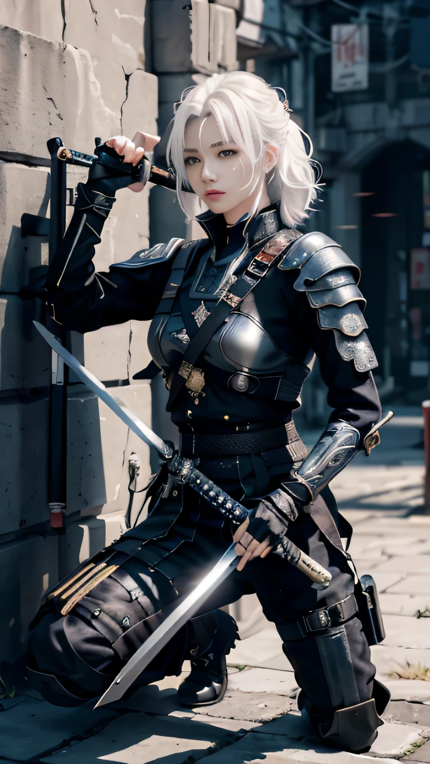 (Japanese sword &reference;Muramasa 2&reference;.2)Two beautiful women、Japanese swordを持った女性、Silver Hair Short、armor、pocket、Warrior、Clear Eyes、Red Eye、{Arm tattoo、Warrior、Realistic battle scenes、敵Warriorの返りBlood、Blood、High resolution、Highest quality、Very detailed、8k、background、