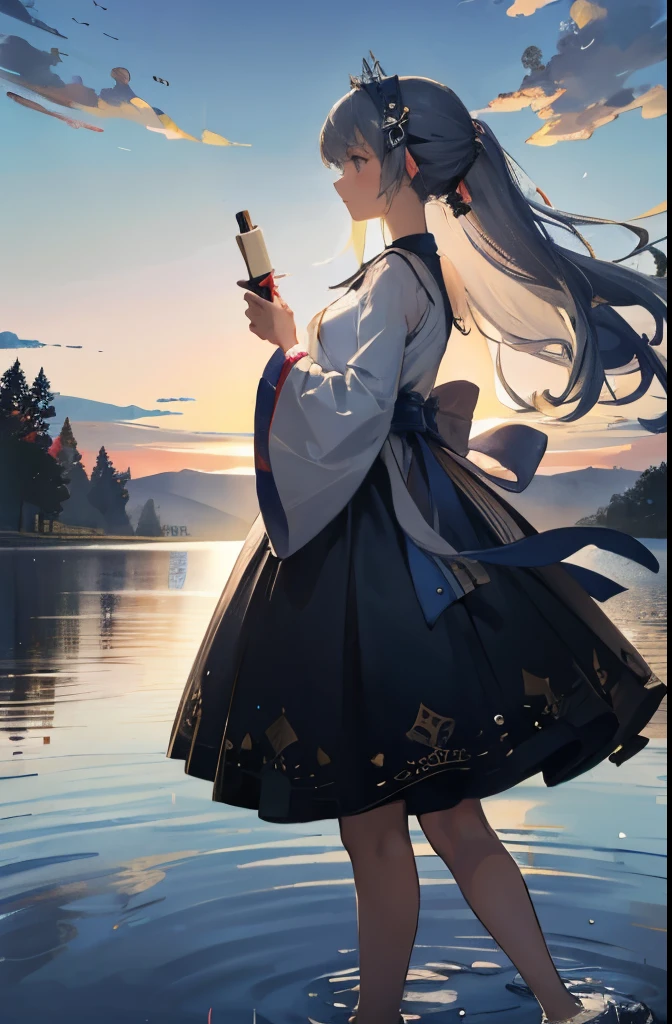 (masterpiece, highest quality, highest quality,water彩 (mediate),official art, beautiful and aesthetic:1.2),1 girl, dress, moon, alone, Are standing, bubble, profile, silhouette, water, reflection, long hair, とてもlong hair, hair ornaments, White dress, bare shoulders, removed sleeve, blue hair, from the side from the side, full body esbian, wide sleeve, gray hair