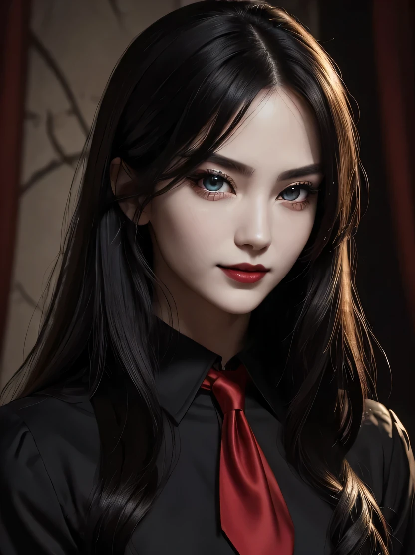 ((masterpiece、highest quality、Super detailed、High resolution、realistic、sharp focus))、bust shot、high contrast、high color saturation、 ((very delicate and beautiful))、crazy details、((beautiful woman portrait))、Sexy vampire girl、alone、black collared shirt、red tie、pale skin、big lips、black lips、red eyes、Ring-shaped eyes、shining eyes、long black hair、evil smile、Scar face、view audience、put your hands down、Detailed depiction of hands