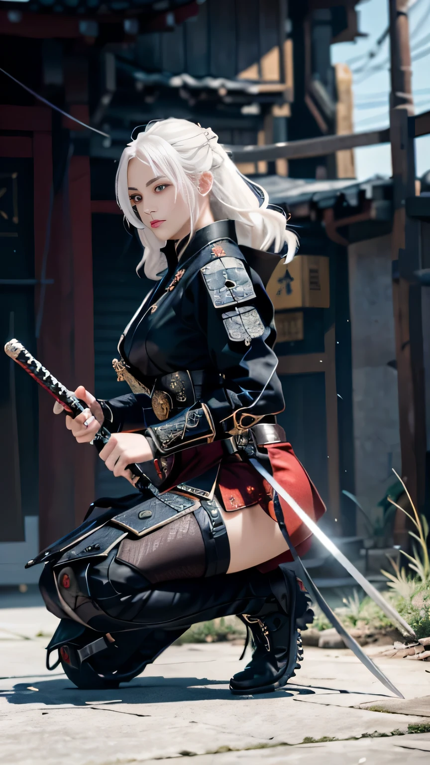two very beautiful cyberpunk samurai women, she is holding a katana sword, unsheathing the katana, she is holding a sword, extremely ornately decorated Han hometown, Anime style 3D realistic, cgsociety anime fantasy artwork 9,2.5 D cgi, realistic anime 3 d.redAssassin.white hair.