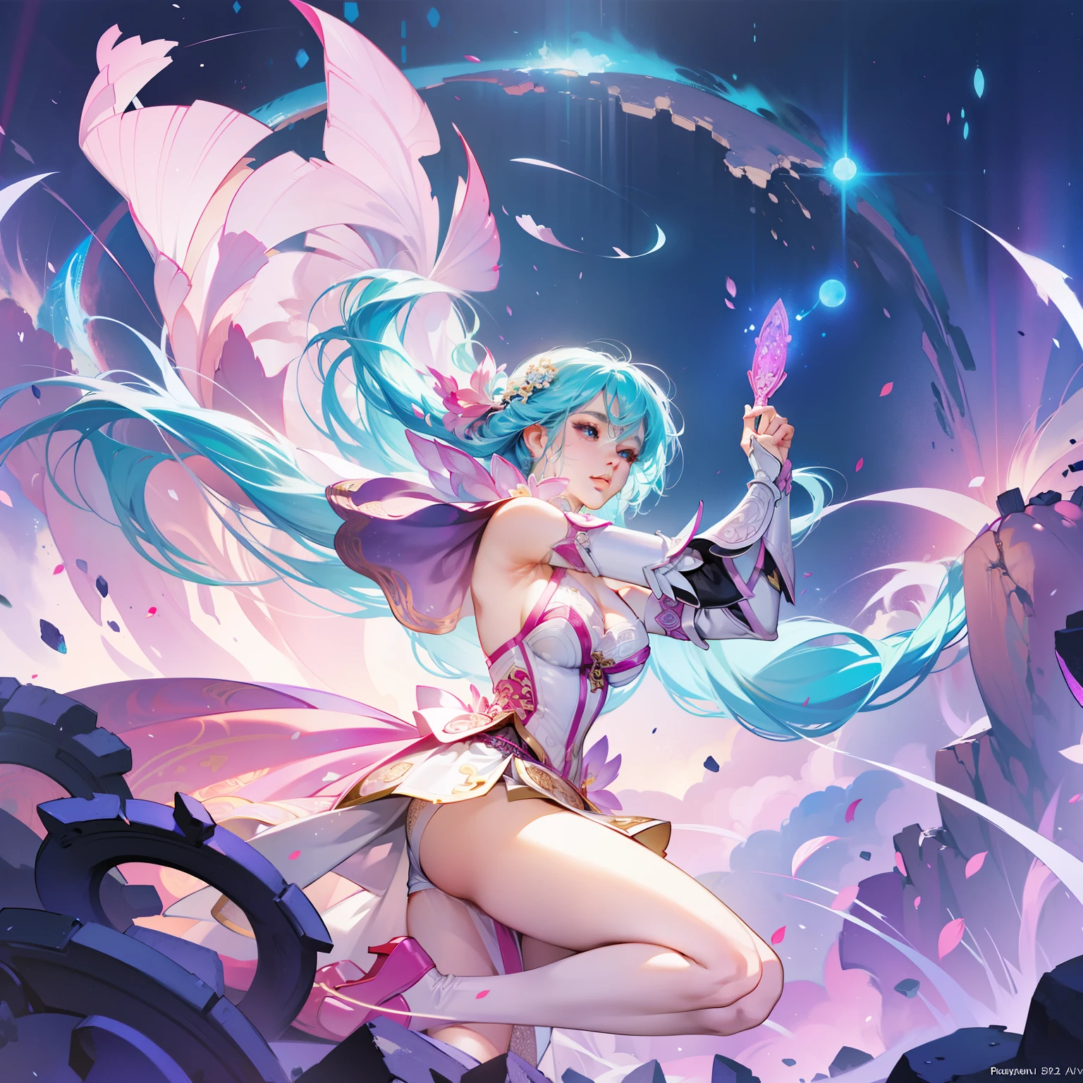 a sexy woman in a white gold and pink lotus lace armor skirt, chengwei pan on artstation, by Yang J, detailed fantasy art, stunning character art, fanart best artstation, epic exquisite character art, beautiful armor, extremely detailed artgerm, detailed digital anime art, artgerm on artstation pixiv, armor girl, cleavage big breasts:1.2, (mini skirt:1,5)