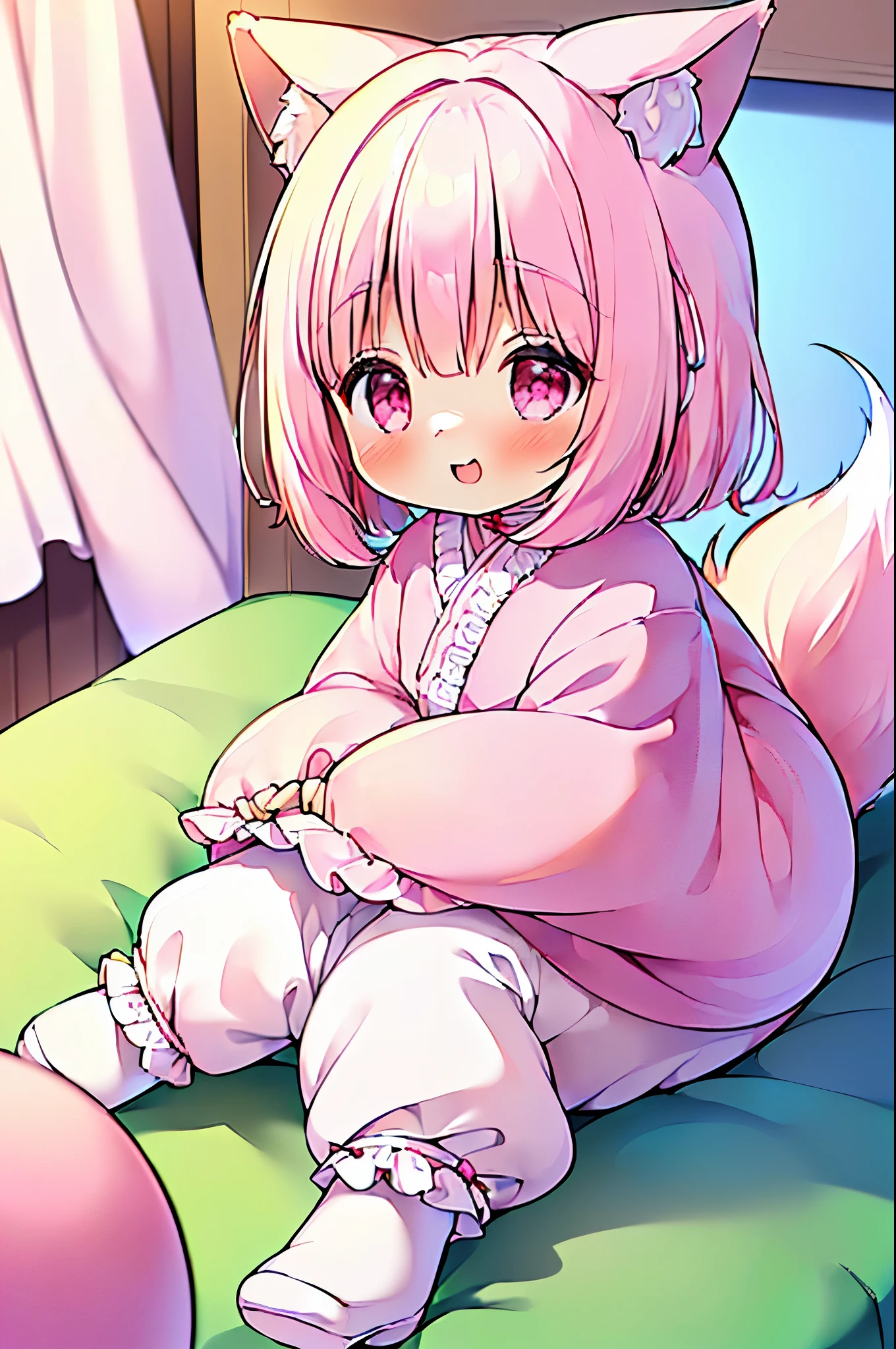 Furry, furry kemono, fox female furry, chubby, pink coloured hair, light blue coloured body fur, gold coloured tail, fluffy light blue coloured ear, fluffy gold, pink and light blue coloured big tail, light blue and gold kimono with flower pattern, laying on bed, cute