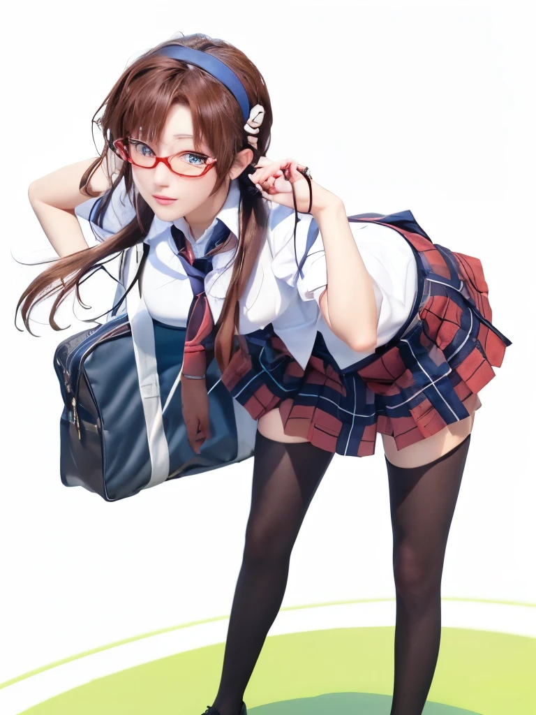 marimakinami, Mari Makinami, Japanese、skin that is not too white、blue big eyes, brown hair, thick red rimmed glasses, big breasts、chest bulge、big ass、head band, twin tails, break dress shirt, pantyhose, plaid, plaid skirt, , shirt, skirt, break outdoors, city, break looking at viewer, break (masterpiece:1.2), highest quality, High resolution, unity 8k wallpaper, (figure:0.8), (detailed and beautiful eyes:1.6), highly detailed face, perfect lighting, Very detailed CG, (perfect hands, perfect anatomy),