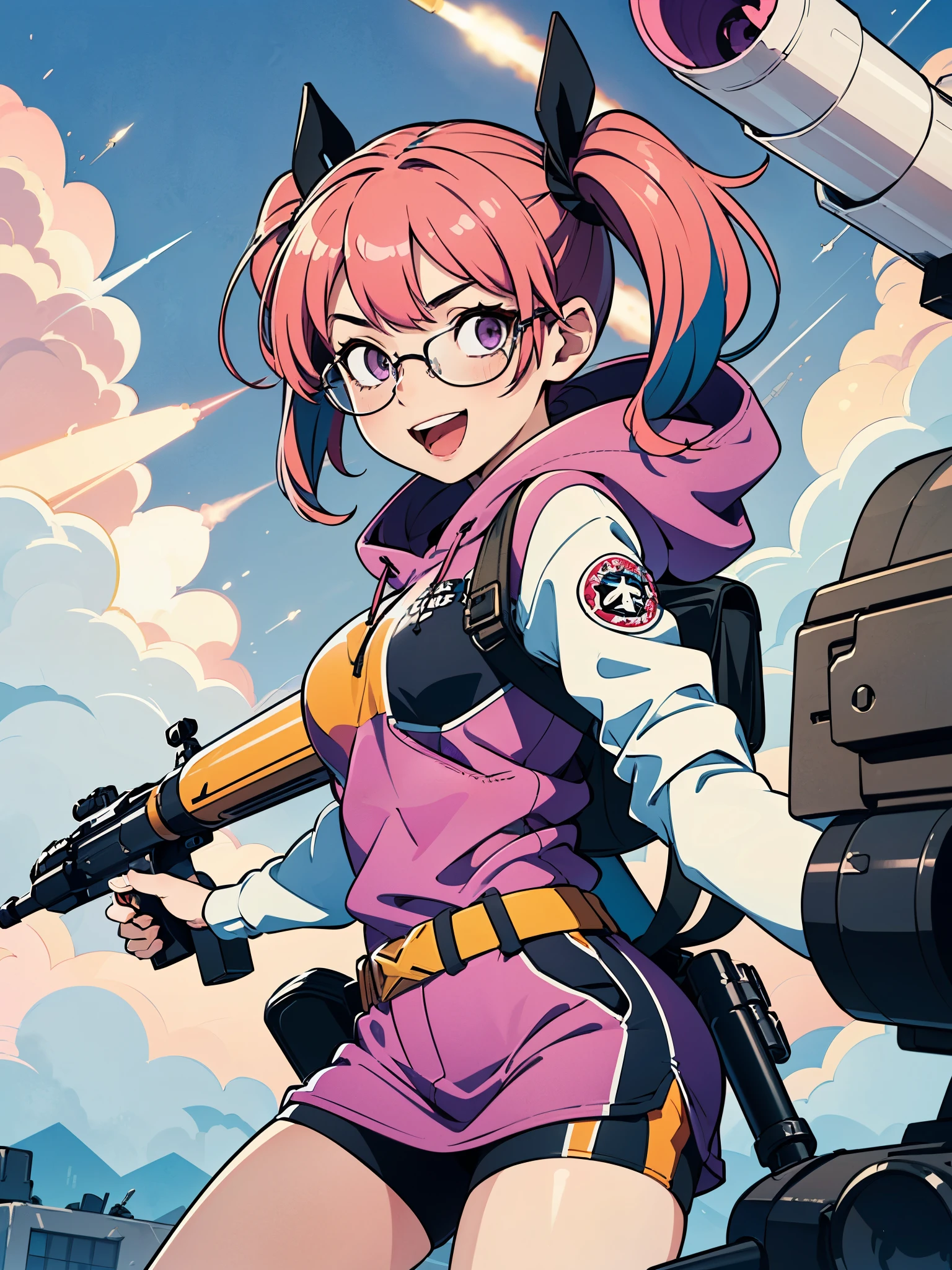 1girl, solo, solo focus, hoodie, biker shorts, tactical vest, assault belt pouches, (using weapon, using missile launcher, using bazooka), open mouth, wacky face, smile, :d, (pink hair, dark purple eyes, twintails, glasses)