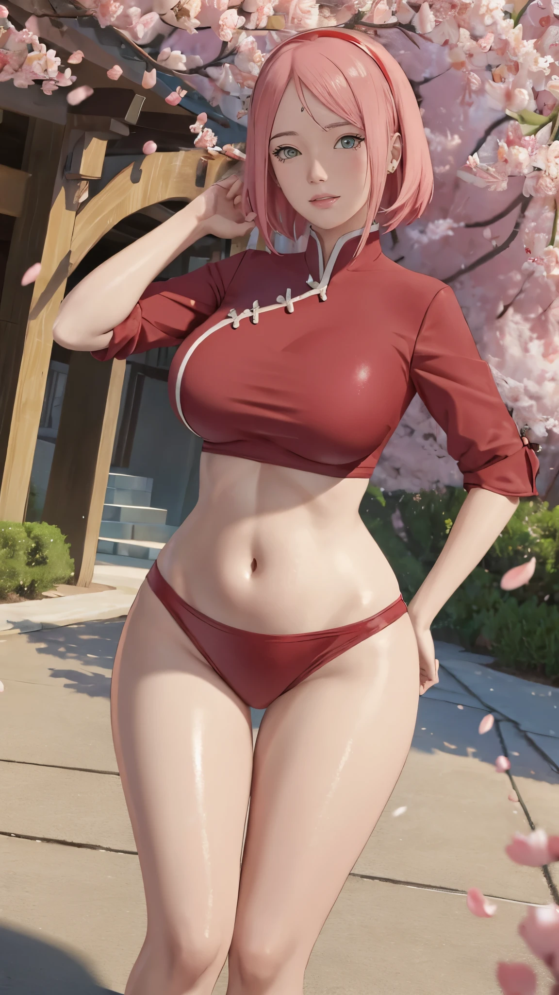 Chubby , thick, Curve, Realistic, Photorealistic,cowboy shot,masterpiece, absurdres, (colorful), 1girl, haruno sakura, forehead mark, red hairband, detailed red chinesse mini dress, navel, groin, bracelet, looking at viewer, flushed face, smile, cherry blossoms, private garden, wind, floating hair, large breast, (((wide hips))), toned body, detailed eyes, dynamic pose, full body