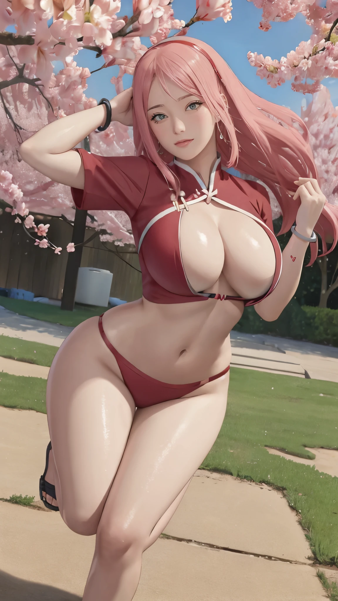 Chubby , thick, Curve, Realistic, Photorealistic,cowboy shot,masterpiece, absurdres, (colorful), 1girl, haruno sakura, forehead mark, red hairband, detailed red chinesse mini dress, navel, groin, bracelet, looking at viewer, flushed face, smile, cherry blossoms, private garden, wind, floating hair, large breast, (((wide hips))), toned body, detailed eyes, dynamic pose, full body