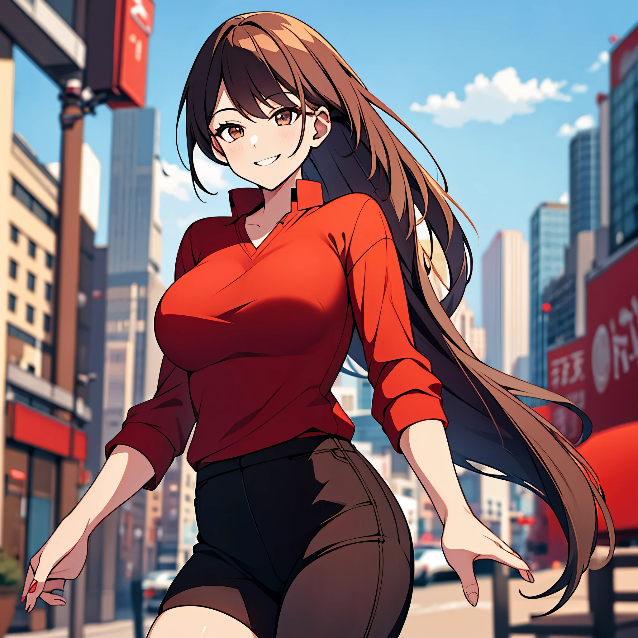 A woman wearing a red shirt, tight black jeans, long brown hair, ponytailed hair, brown eyes, big breasts, smiling in a city during the day, ultra resolution, 4k, artwork
