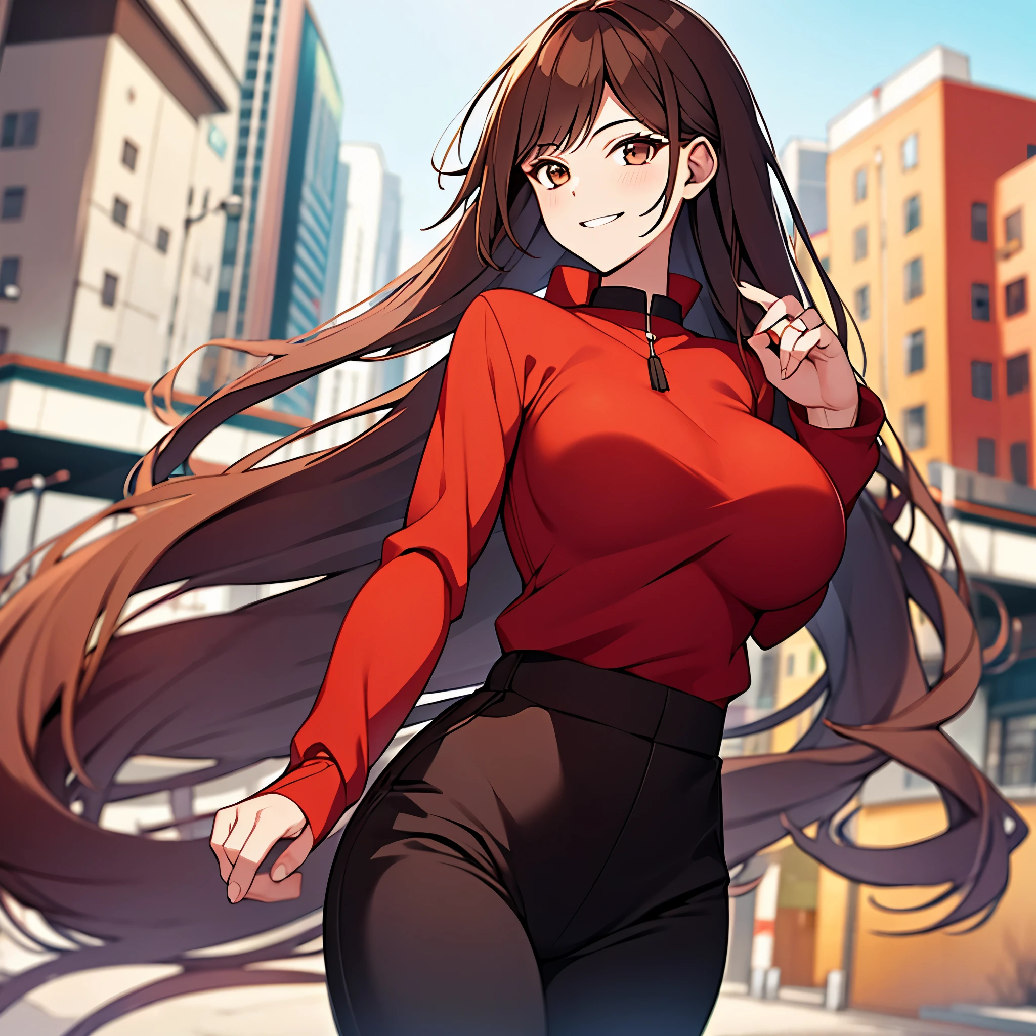 A woman wearing a red shirt, tight black jeans, long brown hair, ponytailed hair, brown eyes, big breasts, smiling in a city during the day, ultra resolution, 4k, artwork
