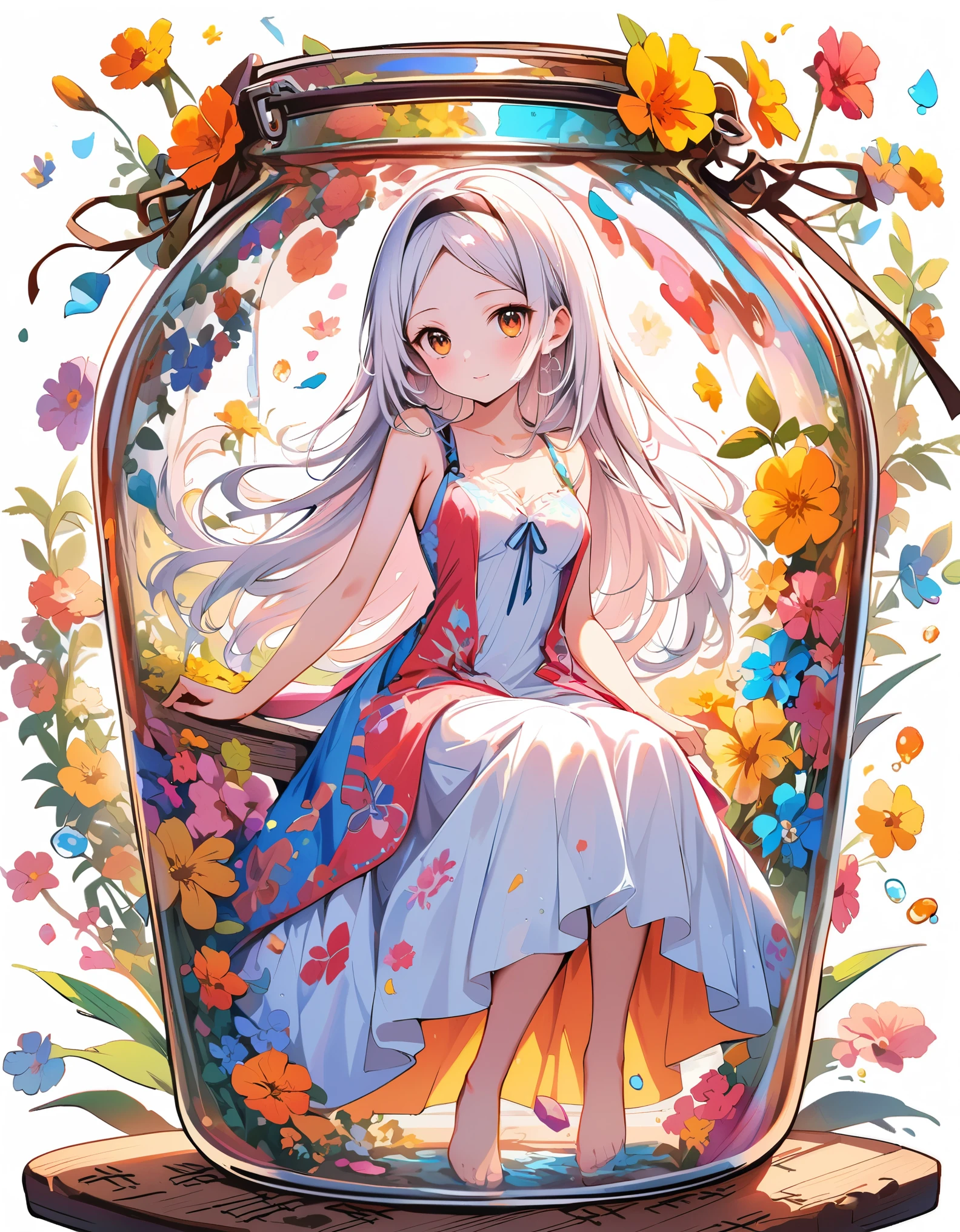 (masterpiece), (best quality), illustration, ultra detailed, hdr, Depth of field, (colorful), loli,(flowers background:1.45),(transparent background:1.3)(an extremely delicate and beautiful girl inside of glass jar:1.2), (glass jar:1.35),(solo:1.2), (full body), (beautiful detailed eyes, beautiful detailed face:1.3), (sitting ), (very long silky hair, float white hair:1.15), (medium_breasts, tally and skinny:1.2), (Colorful dress:1.3), (extremely detailed lace:0.3), (insanely detailed frills:0.3),(hairband , orange hair_ornament:1.25),orange cans,water surface,full body,(bottle filled with orange water,bottle filled with Fanta:1.25), (many fruits in jar, many Sliced_fruits in jar:1.25), (many bubbles:1.25),