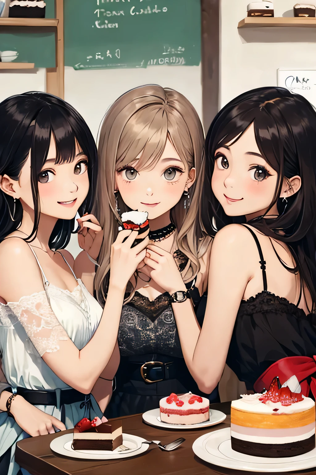 highest quality、High resolution、detailed background、Beautiful and dense face、beautiful and smooth skin、skin texture、cute10代の美少女、(three women)、realistic:1.2、perfect body line、black hair braided ponytail、Calm atmosphere、
happy look、smile、laughter、sexual expression、Upper body、Tea time at the cafe、(Three beautiful girls enjoy cakes and sweets while chatting in a cute cafe.:1.5)、
Choose white or pastel colors for lace tops and flared skirts..、sandals or heels、
If the lace top is transparent, You can wear it elegantly even when layered with an inner camisole..、
Choose a lace blouse in a soft color and add feminine movement with a pleated skirt.、
Adding lace to the sleeves and collar of the blouse makes it even more cute.、
Choose a colorful lace camisole、Add elegance with a midi skirt、cute、Simple and elegant pearl earrings、delicate chain necklace、
A watch that gives an elegant and sophisticated impression、It is a good idea to choose a design that matches your taste and clothing..、leather belt, metal belt、
A simple bracelet that looks great on your wrist、Thin chain and simple design、thin ring on fingertip、Pay attention to proper balance and layering、cute