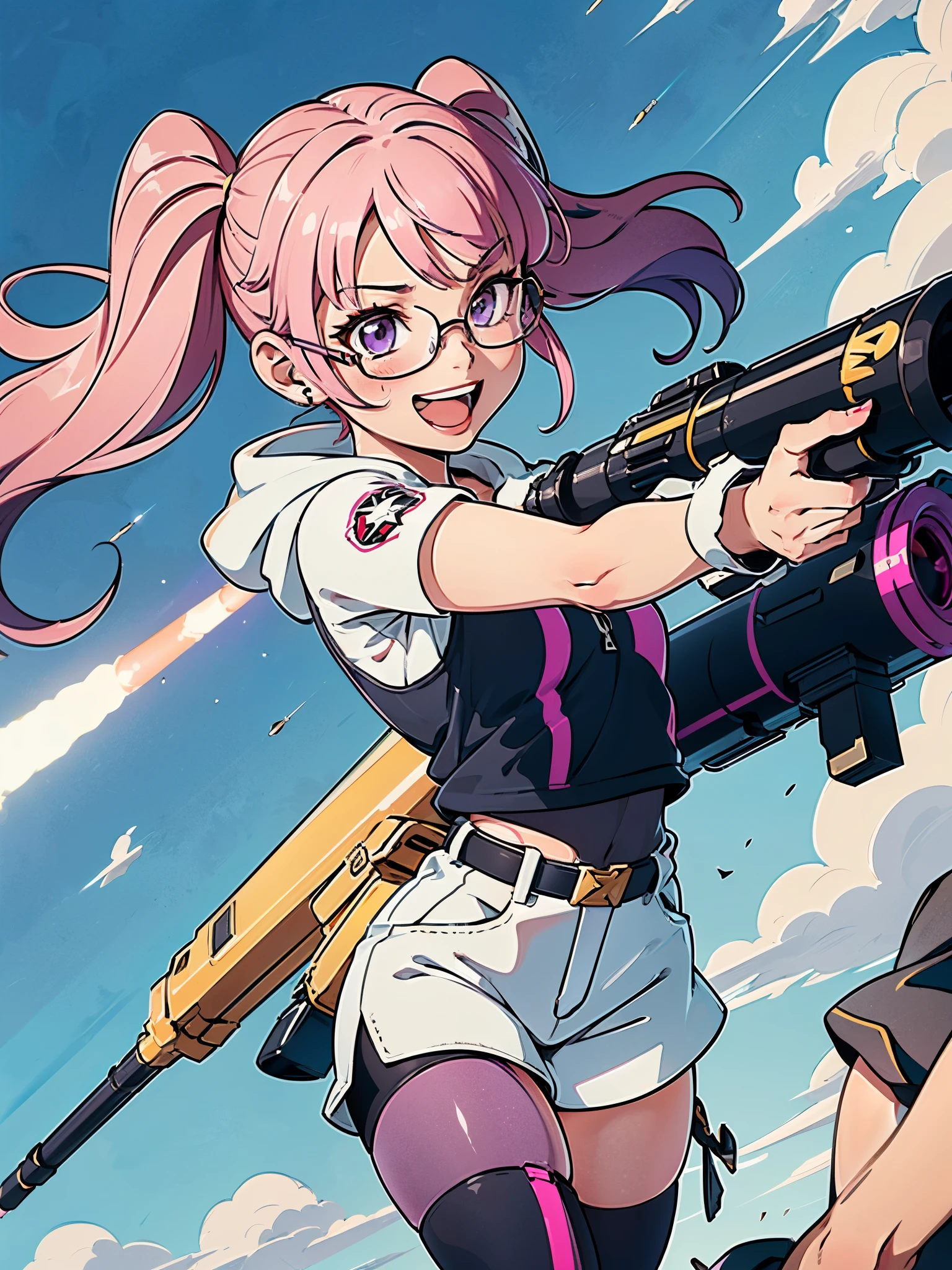 1girl, solo, solo focus, hoodie, biker shorts, tactical vest, assault belt pouches, (using weapon, using missile launcher, using bazooka), open mouth, wacky face, smile, :d, (pink hair, dark purple eyes, twintails, glasses), thigh-highs, combat boots 